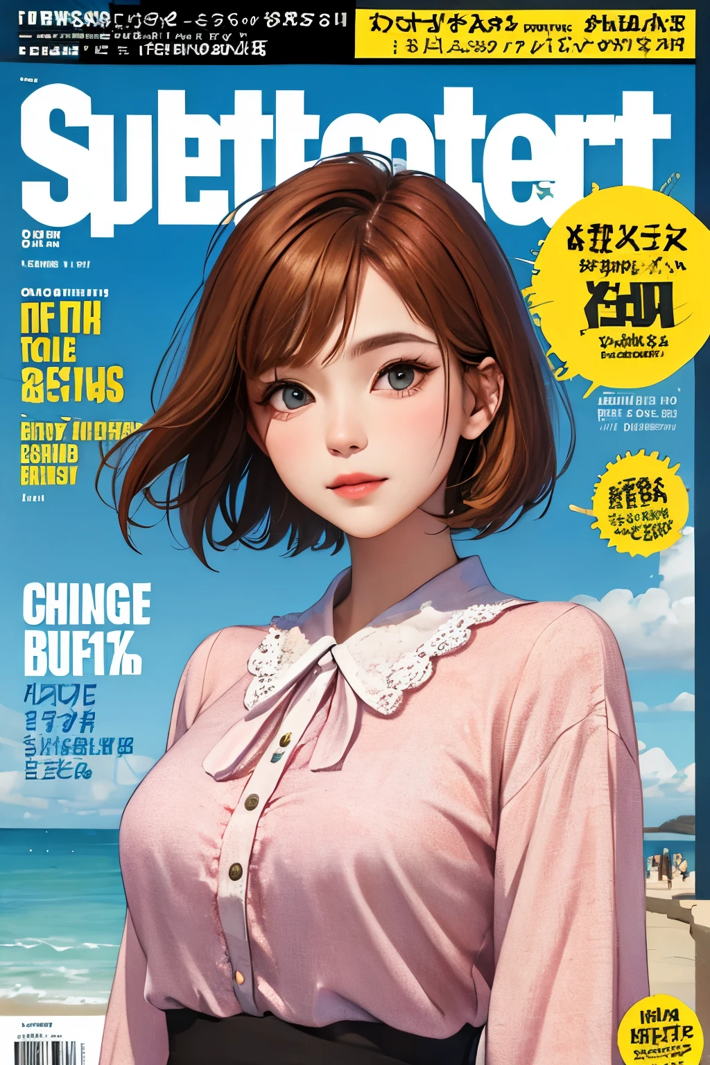 masterpiece, best quality, spring outfit, ginger short hair, outdoor, magazine cover ,upper body,