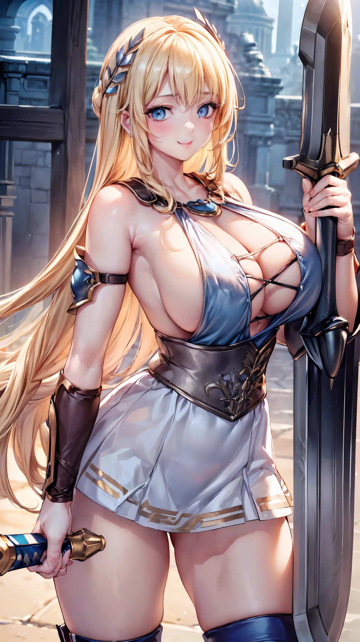 sensual, long blonde hair, thick thighs, 8K, 4k, highest quality, (High resolution:1.6), cute anime face, noise reduction, (shining blue eyes, gentle smile:1.3, kind eyes:1.3、excited:1.5)、toned abdominal muscles, muscular arms, muscular legs, young face, anime eyes, Sophitia Alexandra、(holding a sword in the right hand:1.5)、(Equipped with a shield on the left arm:1.5)、(SFW huge body:1.9)、(beautiful nose:1.5)、long tights、Knee-high boots、garter belt、beautiful hands、beautiful fingers、High leg cut thong