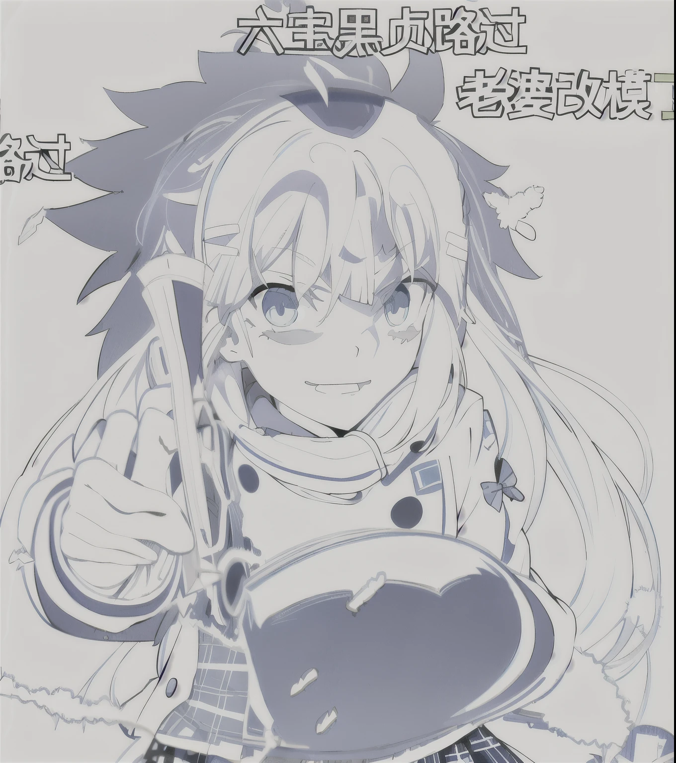 1 girl, Ray 1, alone, Emoticons, clean anime outlines, anime poses, line drawing!!, Uniforms, long sleeves, Plaid skirt, Polka_polka dot jacket, lean forward, Point to viewer, cry, sad expression, 6 different expressions, facial expression, line art, monochrome, Cowboy shooting, masterpiece, best quality, High resolution--auto