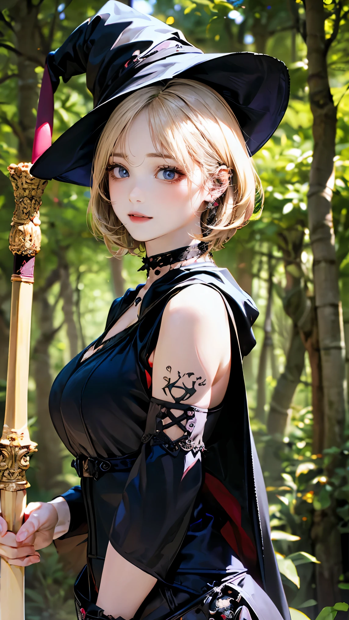 (masterpiece:1.2, highest quality), (realistic, photorealistic:1.4), beautiful illustrations, (natural side lighting, movie lighting), looking at the viewer, Upper body, (front view), 1 girl, perfect face, Cute symmetrical face, shiny skin, baby face,(long eyelash), (large breasts), (wide hips),beautiful hair, beautiful face, detailed and beautiful eyes, beautiful body, beautiful breasts, (beautiful thighs), beautiful feet, beautiful fingers,(beautiful scenery),(cute smile:1.2, upper eye),Beautiful girl,perfect body line,(micro bikin),(side tie),(short hair:1.2),(buzz cut),(blonde hair:1.5),(Suntanned skin:1.35),(plump:0.8),hime cut,witch woman, (witch hat), (Wizard's staff :1.5),(hooded cape),long boots,(in forest:1.5),(garter ring),choker,(thumb ring),(gothic punk style:1.5),