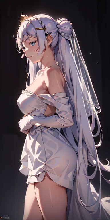 best quality, masterpiece,white hair, gold eyes,white clothes, looking up, upper body,hair strand,Fair skin,side braids