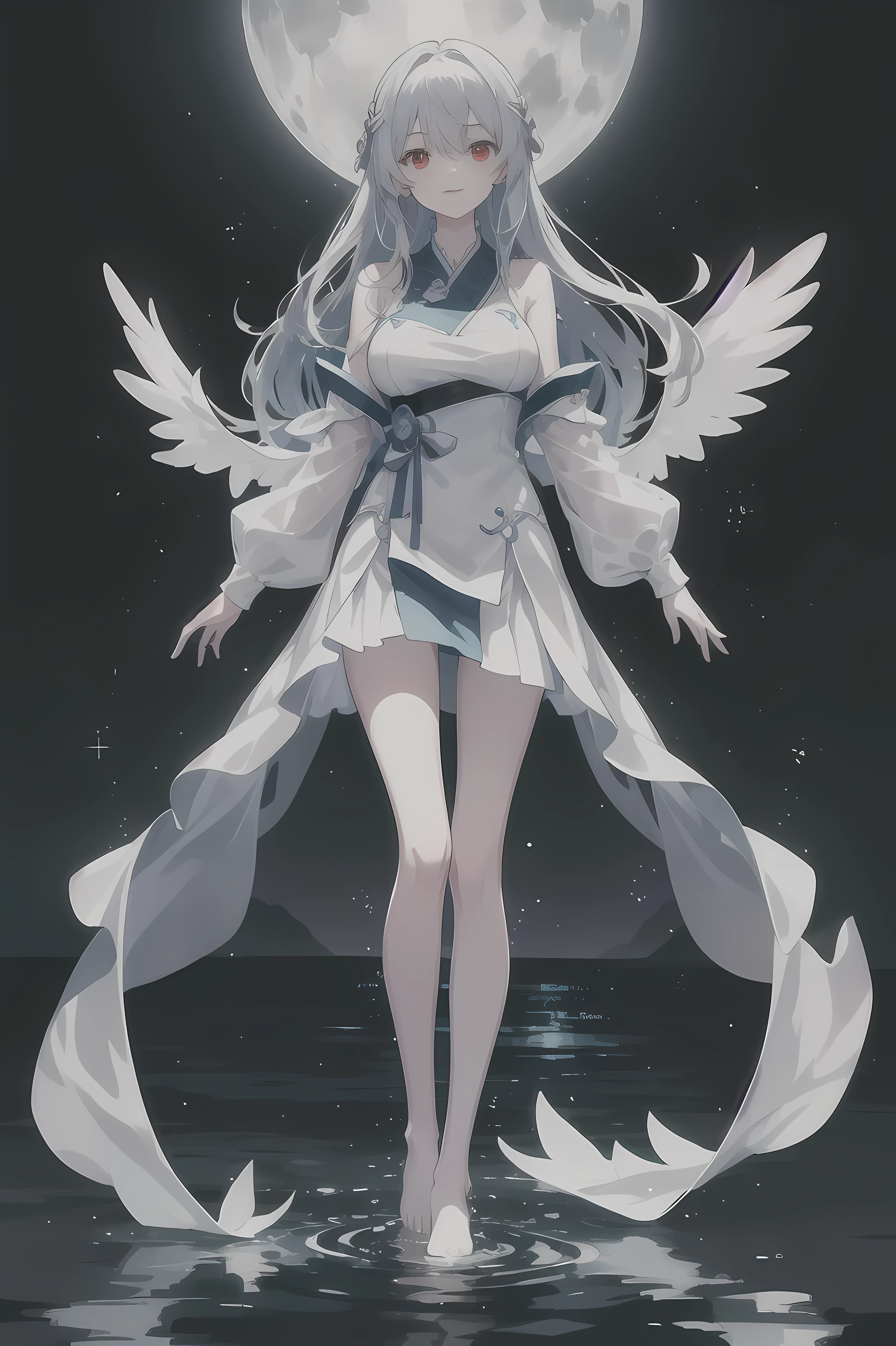 Dreamy beautiful moonlight in dark forest。View of a -yeld gifrom above。(wet silver hair and red eyes)。smile slightly。She only wore a long transparent white cloth,It has beautiful lace trim on it。Soak the cloth in water。(splashing in the dark forest lake at night)。(Hair or clothes are wet)。splash。Wet hair。Dripping water droplets。梦幻般的萤火虫在空中float、Light also reflects from water。near method and far method。glitter effects。Dynamic composition with depth。extremely high quality、high level of image quality、extremely refined。Rare workmanship,round,Room, firm extra large breasts),barefoot,float,water surface,(long legs,long legs,long legs,Gestalt),full-body shot。standing posture
