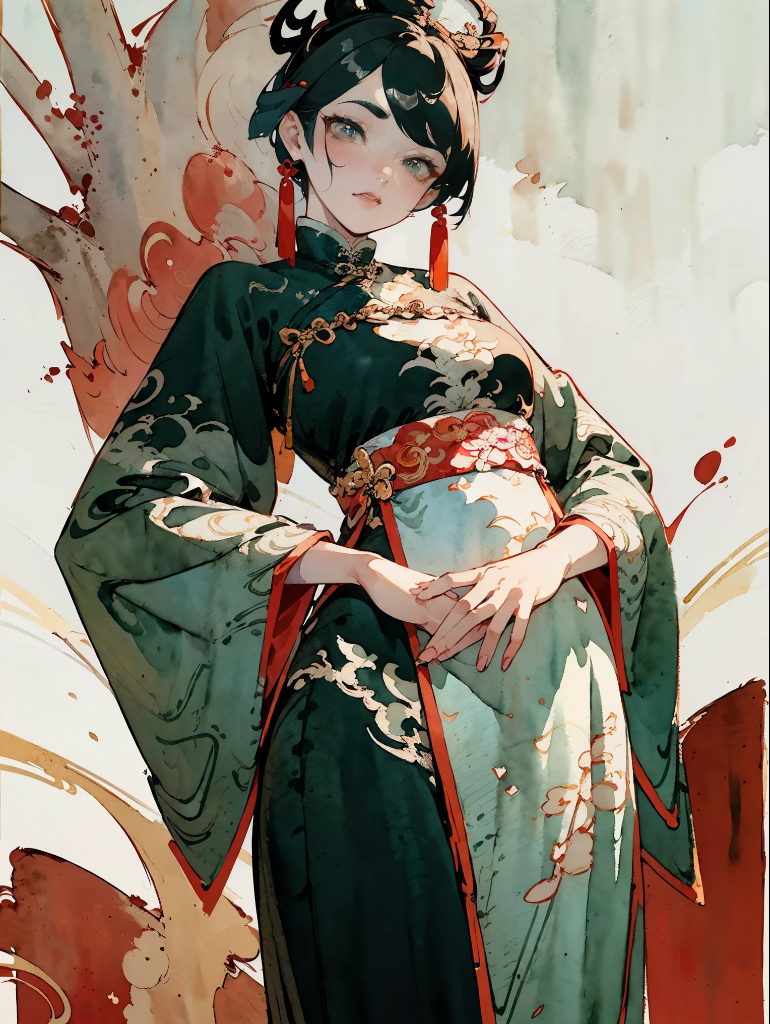 (((((((Chinese ink painting，watercolor painting，Chinese clothing,)))))))，((1 lady,Aloof Royal Sister,瘦Face，alone,))(masterpiece,best quality, official art, Beautiful and aesthetic:1.2),((ultra high resolution,golden ratio,)) (16K),((from below，Chinese style painting detailed background)),(Physically based rendering),Astonishing,sharp focus, (((High detail skin,))),Costume details are intricate,lying silkworm eyebrow，delicate pupils，Danfeng Eye,((((detailed头发,Zhongfa|hairy cut|long bold side bangs|sleek pixie cut|Fluffy bun|undercut)))),thin and long,(masterpiece side light),(luster),(beautiful hair,漂亮的Eye,）[[Delicate fingers and hands:0.55]::0.85],(Detail fingers),(((upscale,)))),((Incredibly ridiculous,)),((extremely_detailed_Eye_and_Face)),movie girl,(Dynamic configuration: 1.2),outstanding,smooth