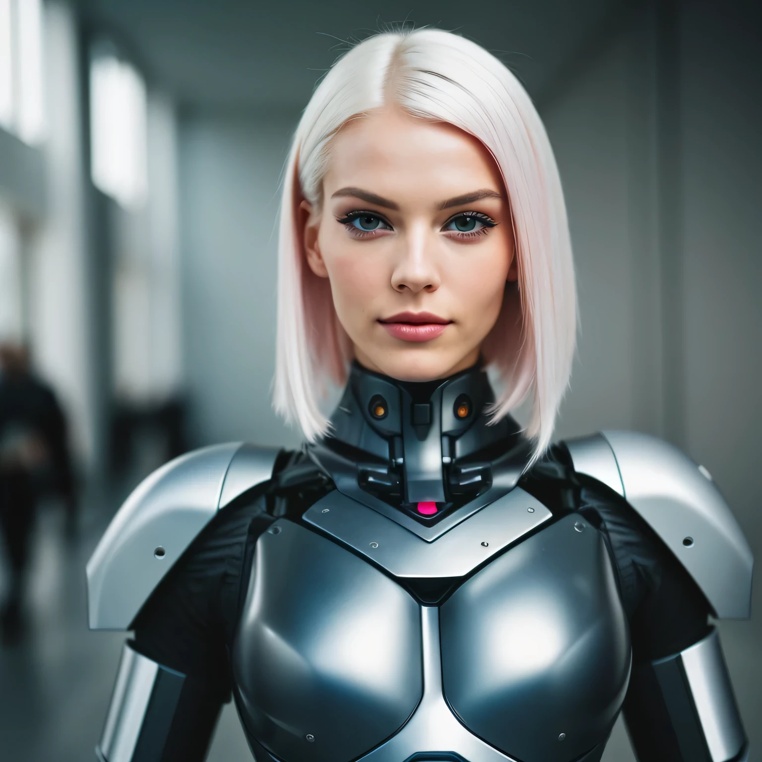 Facial portrait of an ultra pretty cyborg girl, Perfect Android girl, beautiful robot character design, streamlined pink armor, white hair, Spiegelreflexbeleuchtung, SLR camera, Ultra quality, Sharpness, depth of field, Filmkorn (Center), Fujifilm XT3, Kristallklar, Rahmenmitte, Pretty face, scharfer Fokus, Full body image, dynamische pose, realistisch