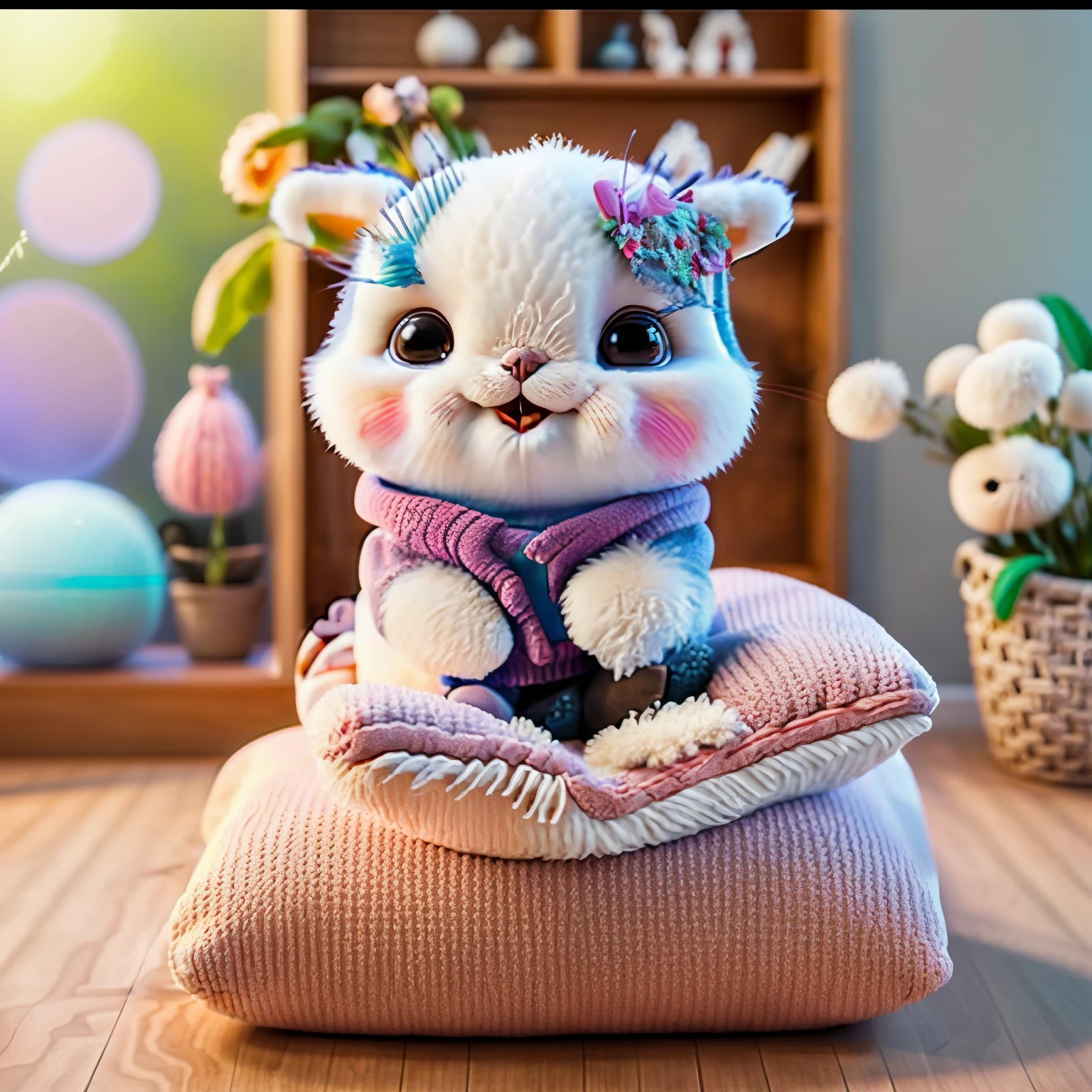 Someone is holding a syssor，A stuffed animal sits on the pillow, Surreal 3D illustration, Lovely and detailed digital art, Medical suture vapor wave, Lovely 3D rendering, cute numbers, Hyper-realistic illustration, Hyperrealistic 3D rendering, Detailed digital 3D art, Hyper-realistic 3D digital art, Hyper-realistic 3D digital art