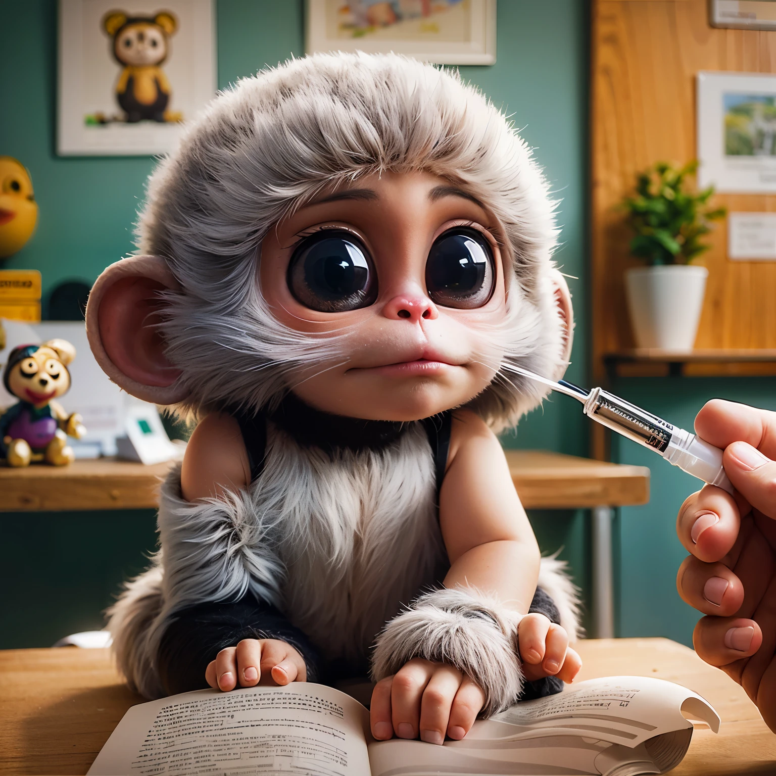 Alaphid monkey gets vaccine vaccinator from doctor, He was crying,cute numbers, Surreal 3D illustration, Lovely and detailed digital art, Lovely 3D rendering, Lovely detailed artwork, 3D animated movies, Cheburashka, 3D epic illustration, cute numbers艺术, Stunning digital illustrations, hyperrealistic illustration, Beautiful digital artwork, Super realistic picture, photo manipulation