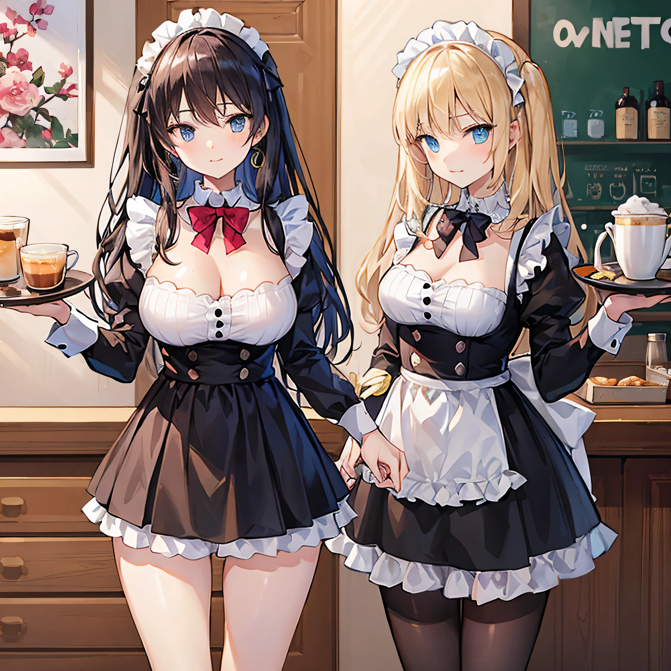 Maid with big breasts, best rating on pixiv, Beautiful anime works, clean detailed anime art ((Ideal Anatomy)) ((2 pairs of hands)) ((Ideal Anatomy)) Five fingers on each hand, long hair, inside the coffee there is a cozy tray with coffee in hands
