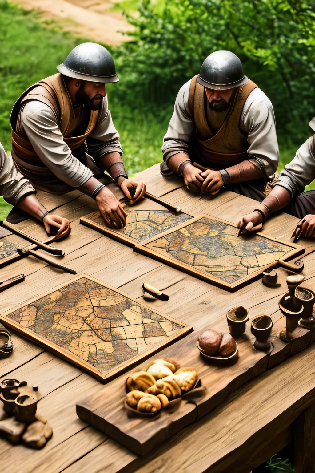 View from up, Iron age style, 4 man sitting around a strategy table, The table have maps and a big piece of paper where drawen 4 elements Wood meat coper and metal, War atmosphere