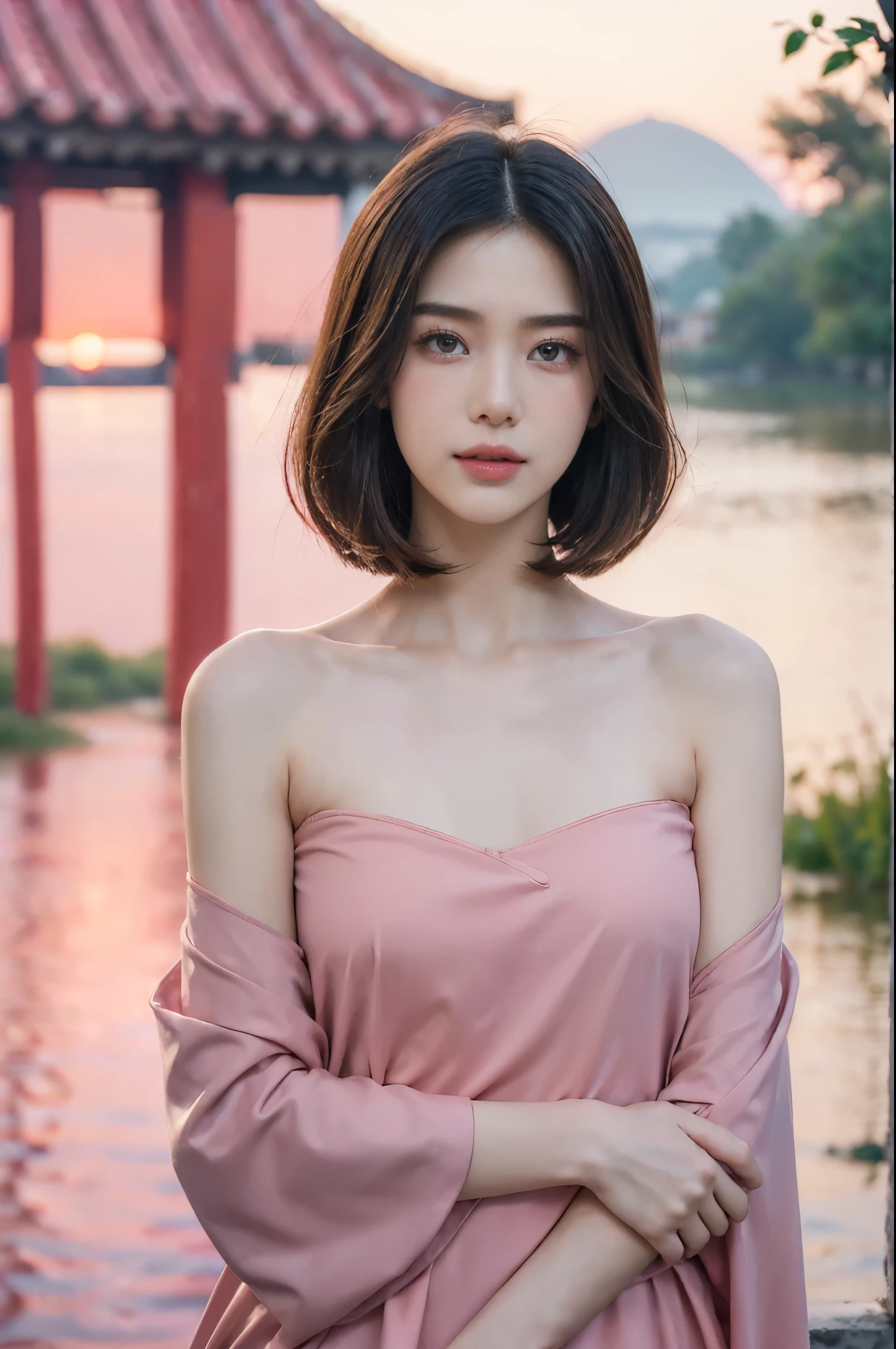 ((((8k))),((Extremely meticulous CG)) ,(wallpaper),16k,((Extremely refined and beautiful)),(((Masterpiece))),(((best qualtiy))),(((Ultra High Resolution))),beautiful light up,Perfect lightning,realistic shaded,((high resolution)),(Smooth and flawless skin:1.5),(Extremely exquisite facial details:1.2),(perfect body:1.2),(ultra-detailed),((A beautiful girl,solo)),(small head:1.2),(pale skin:1.3),(shoulder-length straight bob hair:1.2),(small face:1.2),(baby face:1.3),(Exquisite makeup:1.2),(blush:1.3),(small breasts:1.2),(flat chests:1.2),((slim,thin)),(laughing:1.2),(happy:1.2),(pink|red clothes:1.5),(outdoor:1.2),(early spring:1.3),(detailed background:1.5),(standing:1.3),(upper body:1.3),(from back:1.3),longing face,dusk,water town,waving hand,thin mist,The shore of willows,light smoke,warm afternoon,houses with white walls and black tiles,Chinese ancient village,heavy separation,tears,green mountains,sunset,worries,boat with a dark awning,river,