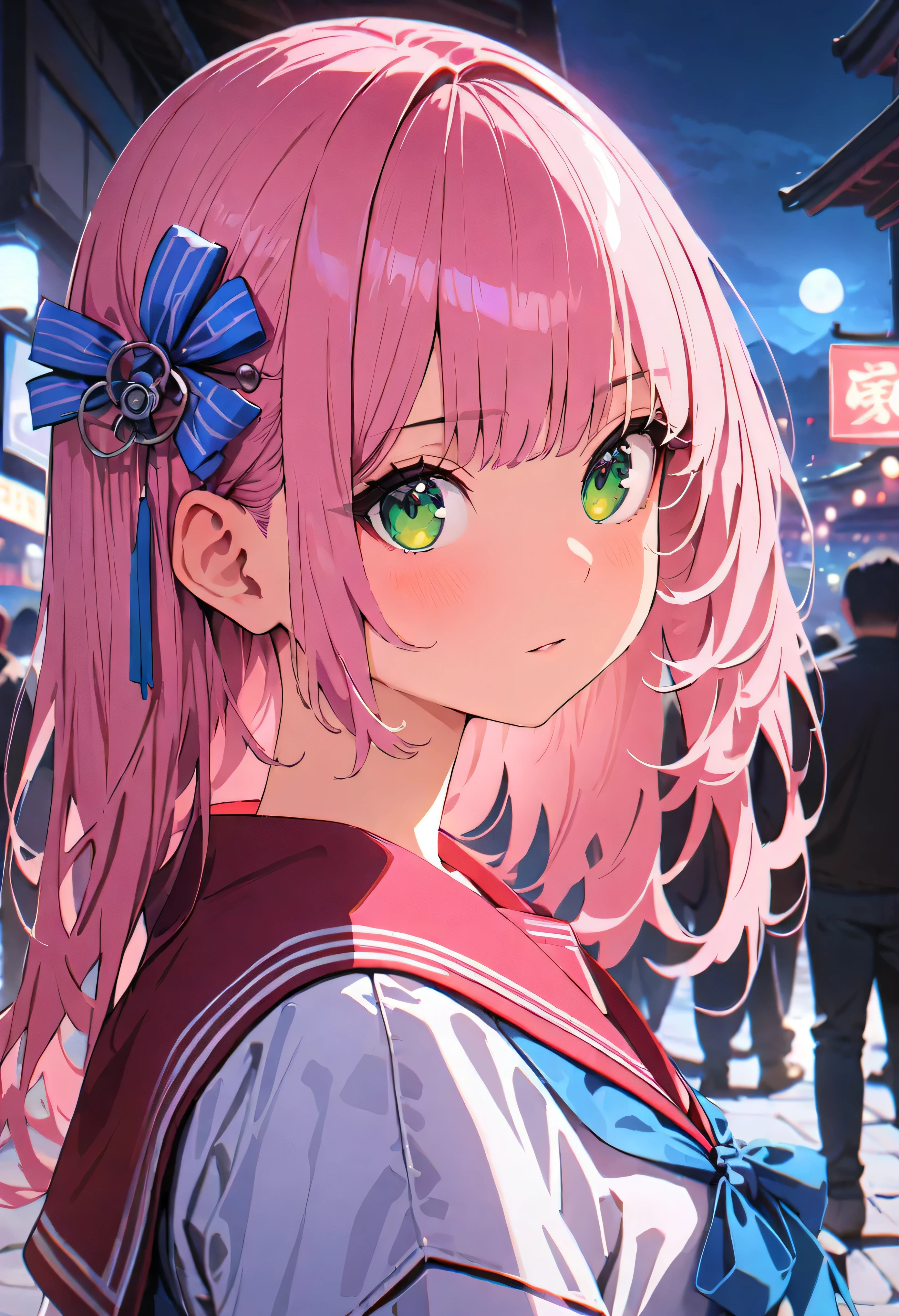 (((masterpiece: 1.5, highest quality, High resolution: 1.3, super resolution, Super detailed, Super detailed: 1.3, rich background: 1.2))), 1 girl, alone, green eyes, long pink hair with blue ribbon, dull bangs, cute hairpin, , White Seraphon, red sailor collar, short sleeve, blue pleated skirt, (outdoor), ((downtown), (crowd), ((Japanese atmosphere: 1.3)), landscape, ((night)), darkness, (weak light: 1.1), moon, (moonlight: 1.2), ((dynamic light: 1.4)), ((Enlarged view of the head))))))