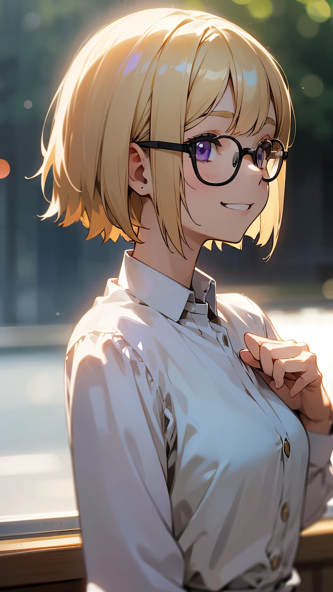 1girl、blonde、short bob cut, straight hair、purple eyes、Glasses、grin、profile、upper body close-up、Morning café terrace、background bokeh, Depth of the bounds written