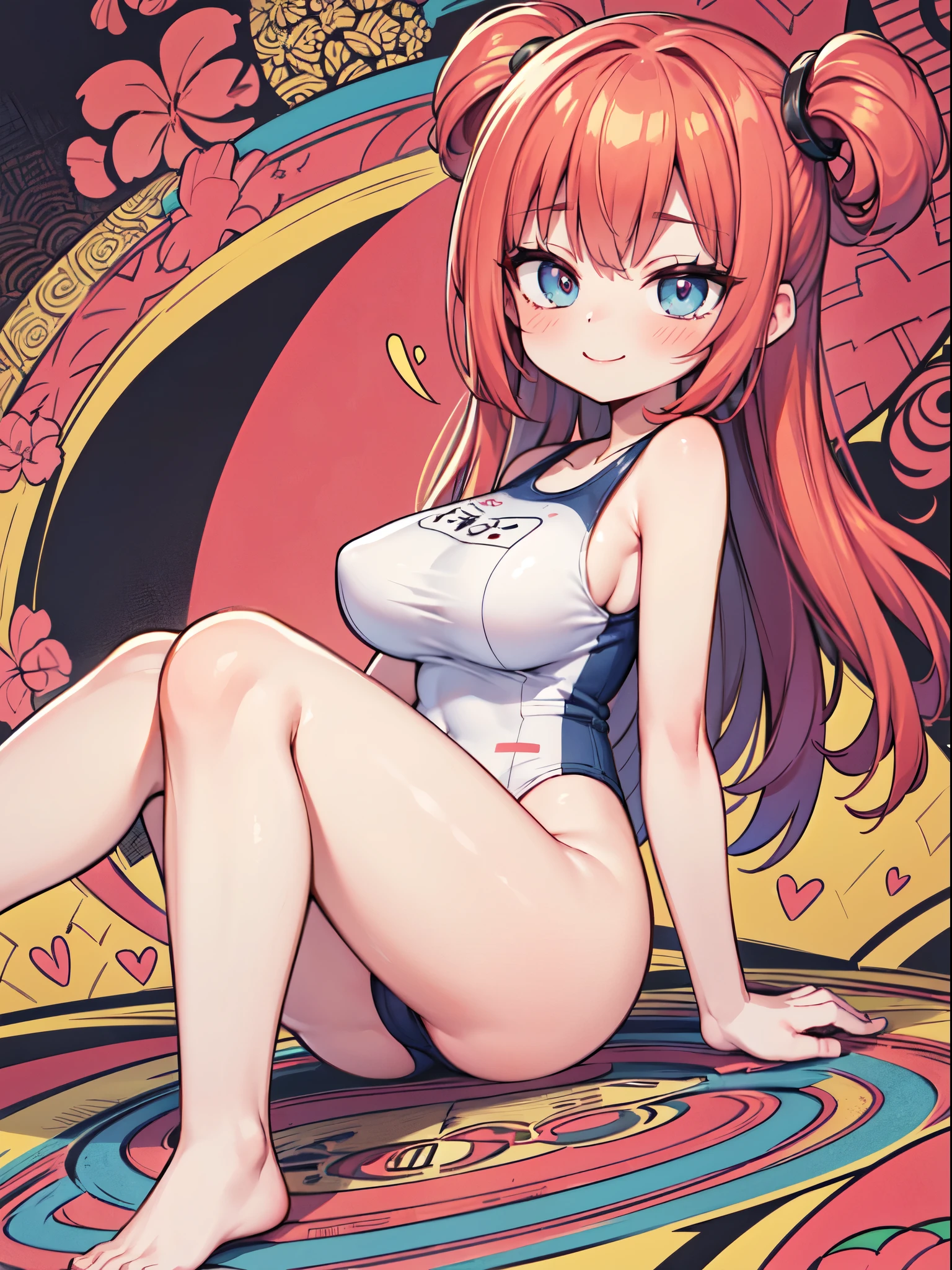 (masterpiece:1.3), (Best Quality:1.3), (Ultra-detailed:1.2), ((kawaii)), Cute, (lovely), ((sexy)), ((Extremely detailed)), 4K, (8K), Best Quality, (Beautiful), Illustration, anime style, (bold line:1.2), Gradation, 45-degree angle, full body, dynamic angle, sit on, (spread one's legs), a cute girl, 1girl, (solo:1.2), //, huge breasts, disproportionate breasts, Erect nipples, (Perfect eyes:1.2), (Perfect iris:1.2), //, Braid hair style, Red hair color, (beautiful eyes), pink-skinned, //, (sexual expression:1.2), (ahegao:1.3), (laughing), smile, //, (one piece school swimsuit), //, (single color red cute zentangle heart pattern background:1.3), (zentangle background:1.2), abstract background art, //, shiny-glistening, ultra shiny body, gleaming