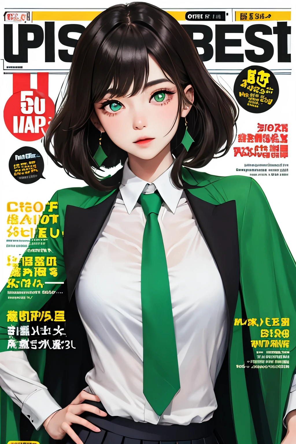 masterpiece, best quality, outdoor, magazine cover ,upper body, nahida_genshin, cross-shaped pupils, , green tie, blazer, pleated skirt, green cape