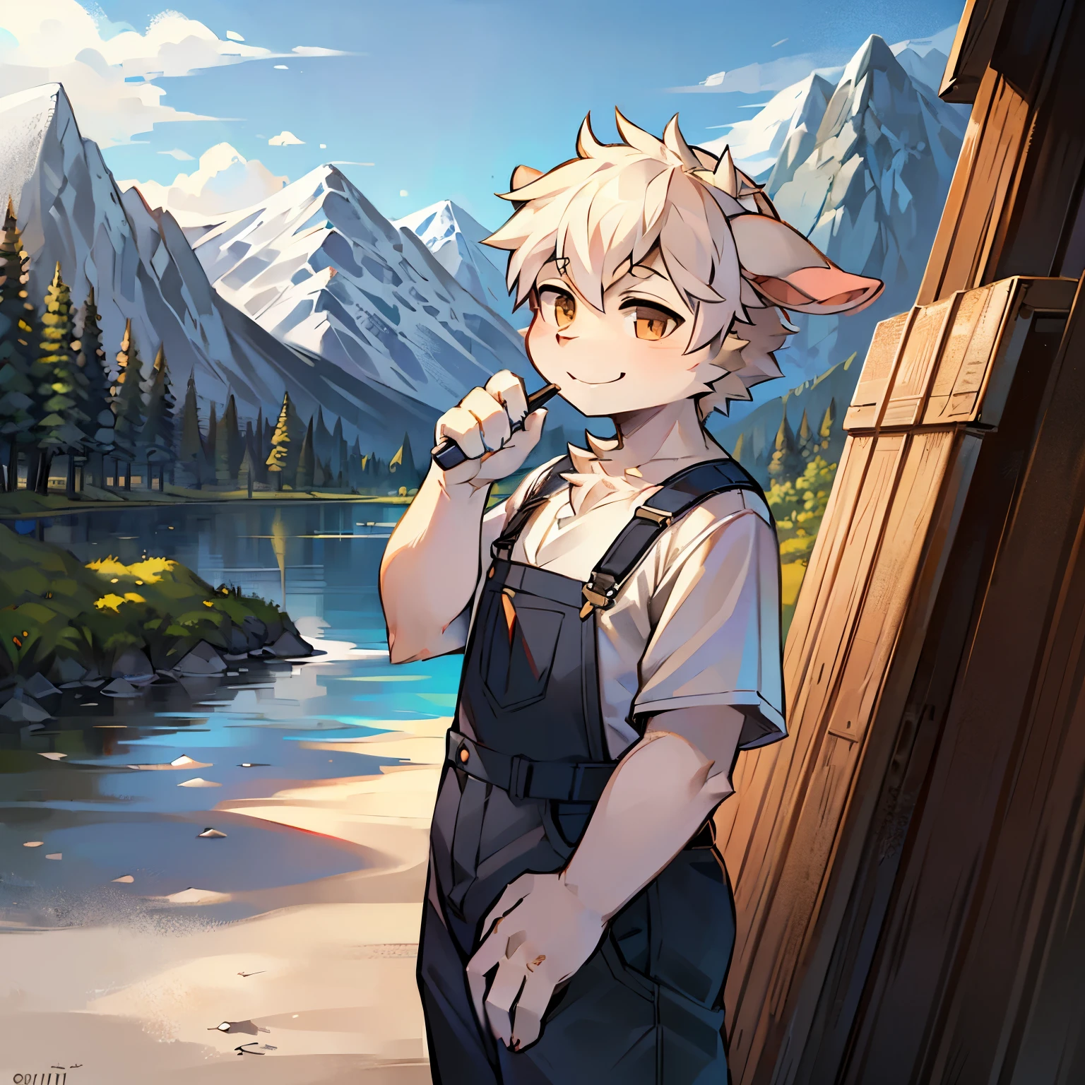 Outdoor mountain light,Goat Boy,goat horns,male focus,furry men,Characteristics of a -year-boy,Fy Shota,One meter four height,Smile,White short sleeves,Overalls,Standing posture,Art student,Brush in hand