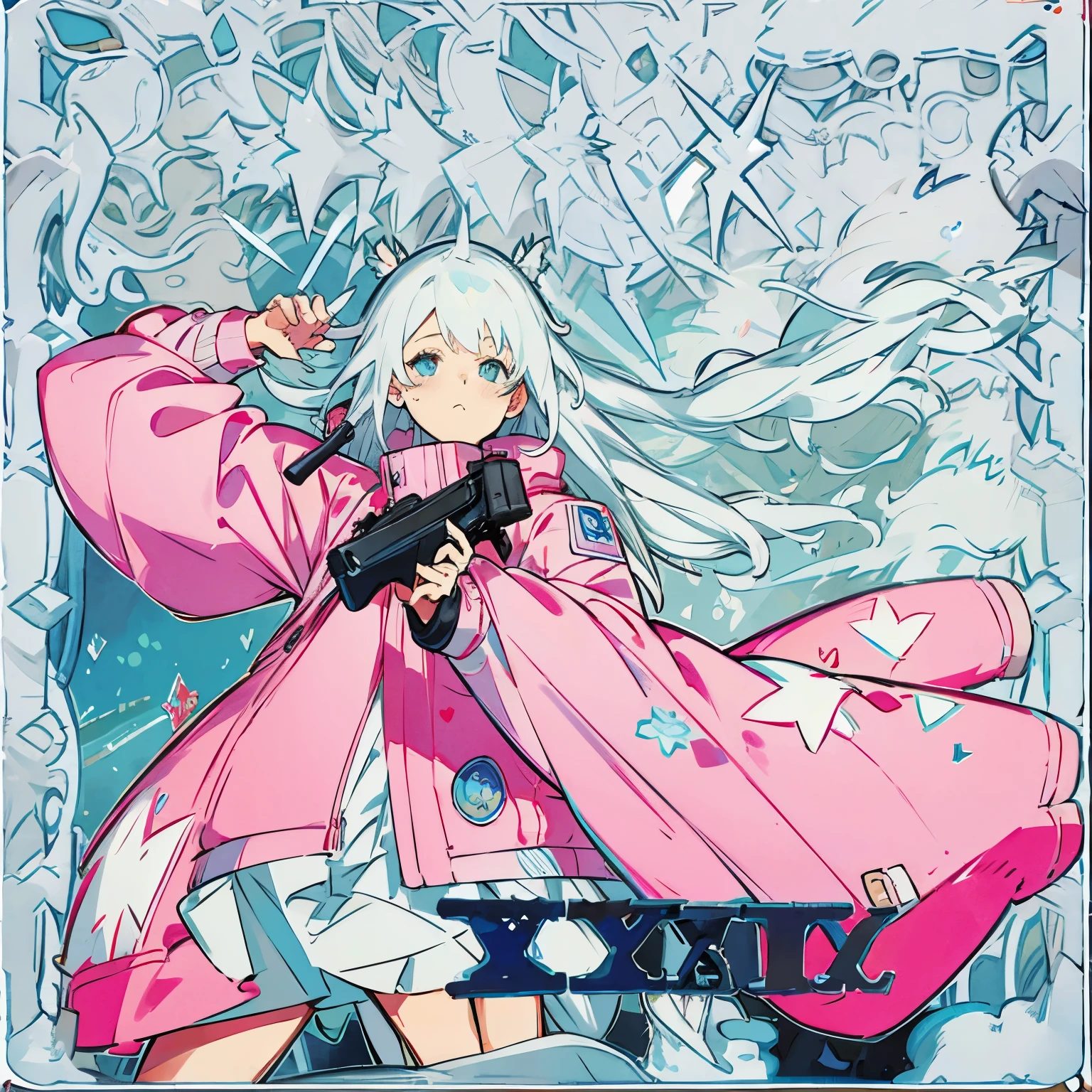 Girl with long hair, blue eyes, wearing a pink jacket+white holding a pistol.
