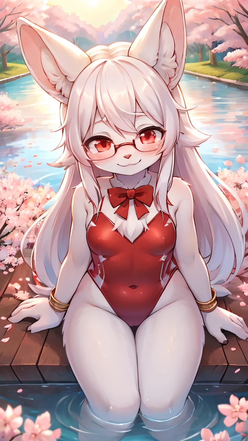 (fluffy anthro furry :1.6),(young :1.6),white rabbit girl,small breasts,red eyes,white long hair,wavy hair,messy hair,white rabbit ears,white rabbit tail,white body fur,glasses,red ribbon bowtie,red ribbon hairpin,red bracelet,red onepiece swimsuit,huge sakura pond,sakura forest,pink sunlight,sumbeam,pink sky,looking at viewer,happy face,smile,full face blush,sakura petals floating in the wind,hand at face,sparkling eyes,glistering eyes,legs in water,lpw angle