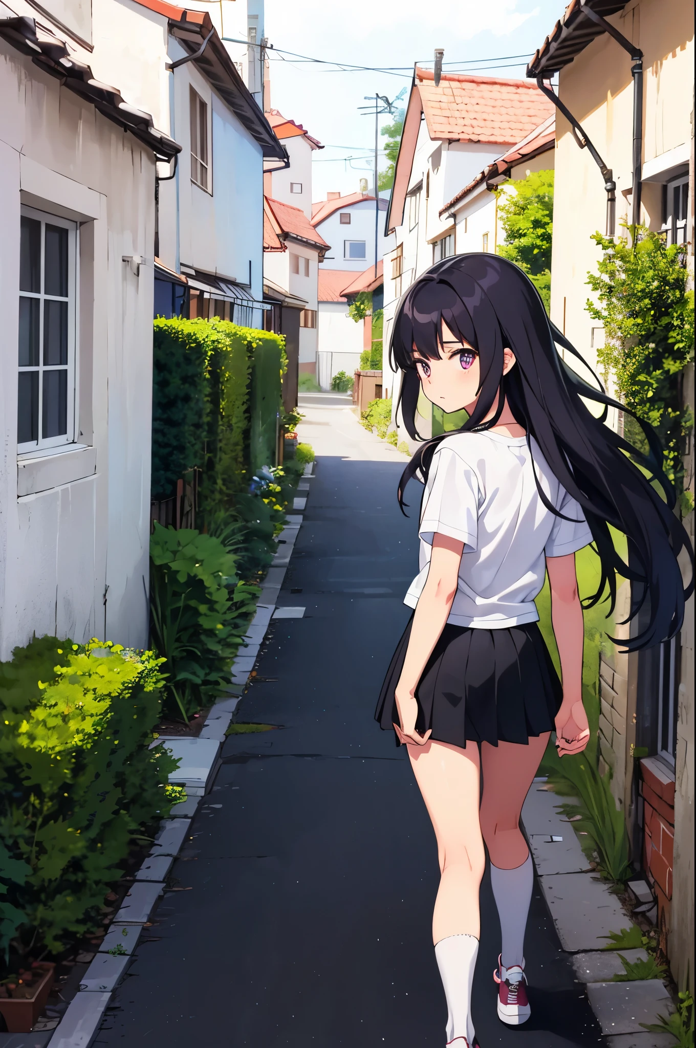 Back alley of a private house in the countryside narrow road girl 8-year-old flat chelack r long hair eyes are purple ((1 person)) Upper body black T-shirt Lower body white miniskirt((white panties)) black socks sneakers walking fluttering hair dynamic angle Low angle from the front