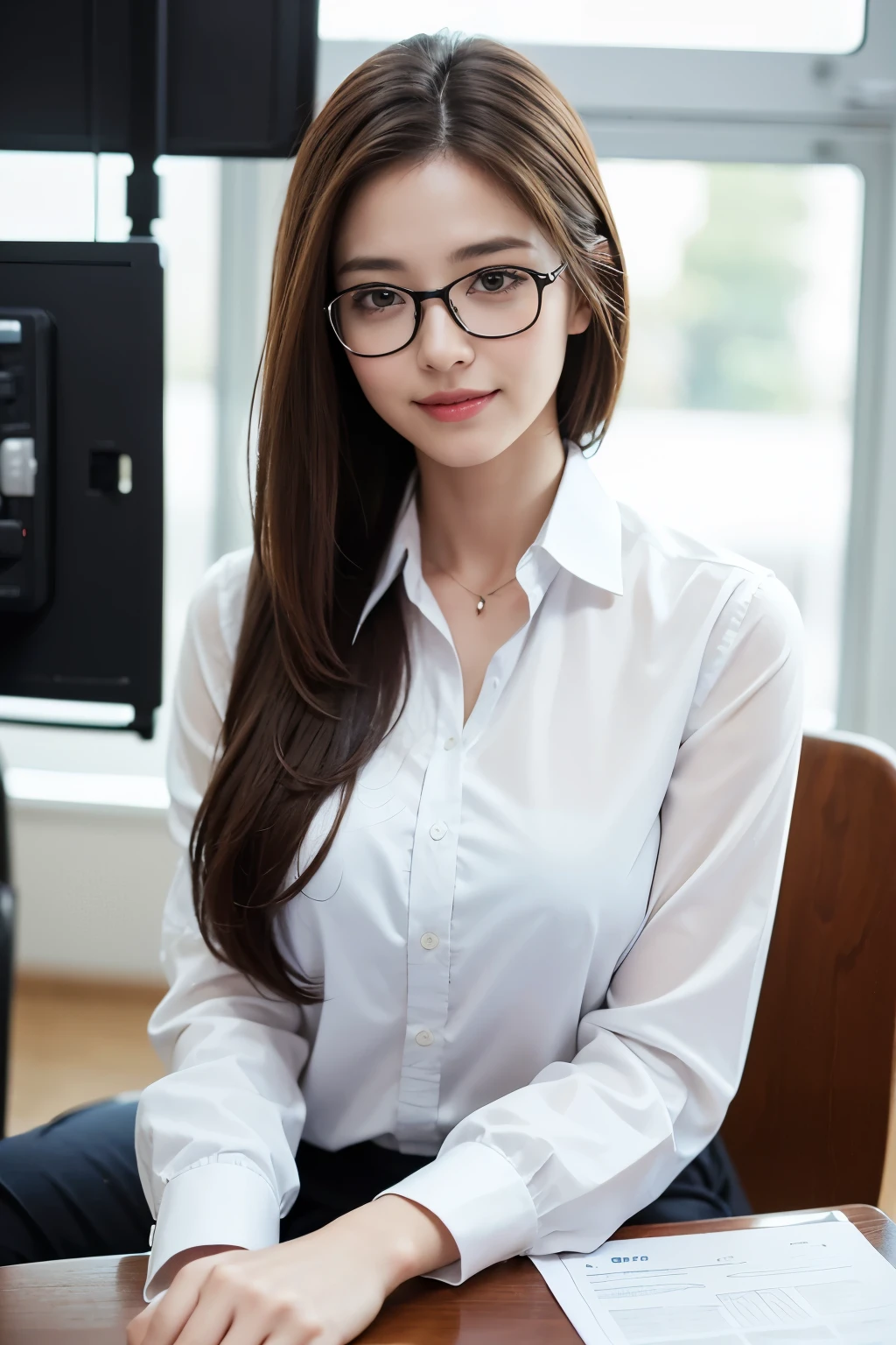 highest quality, masterpiece, 8k, ultra high resolution, (realistic: 1.4), 1 girl, beautiful face, symmetrical eyes, big, perfect body proportions, ((long hair))、((brown hair)), glasses、news caster、(business suit、white shirt)、sit on a chair with a manuscript in hand、the gaze of the beholder, (Recording of news programs、blurred background), Front view, Absolute area (1.3),friendly smile、seems kind、cowboy shot
