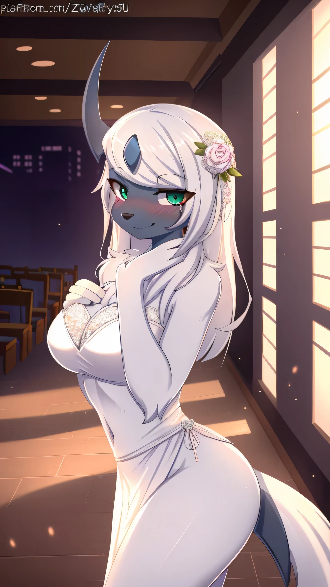 By zinfyuu on pixiv,by twistedscarlet60, uploaded on pixiv, by fluff-kevlar, (masterpiece), (best quality), (anthro furry:1.3, snout:1.2, anthro:1.3, furry:1.2, solo female:1.2), (extremely detailed:1.3), (Detailed eye part: White lens, green iris,black cornea),absol, sfw, Slim body, in city wedding hall, blush face, wearing wedding dress, wearing wedding atira, married with you, looking at you, sweet smile