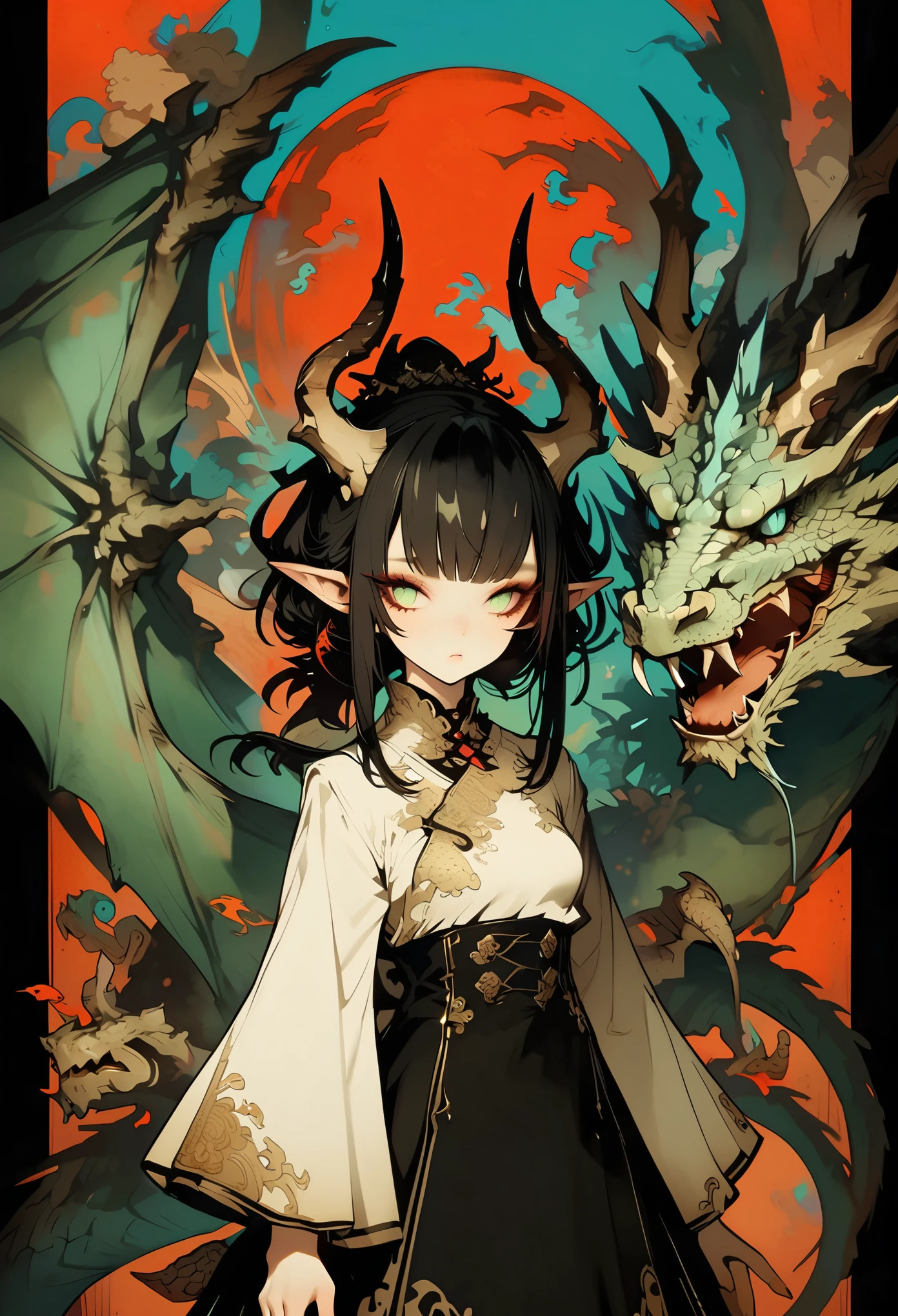 style1,1girl,horns,black hair,pointy ears,dragon,