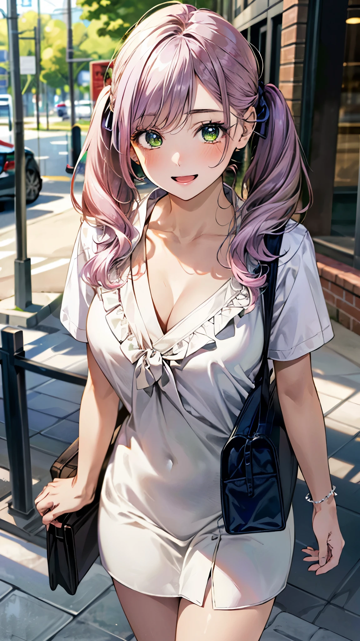 (masterpiece:1.3, Highest quality, Ultra-high resolution, Super detailed), (Realistic, photoRealistic:1.4), Beautiful illustrations, Perfect lighting, Natural light, colorful, Depth of written boundary,
View your viewers, whole body, 1 girl, Japanese, high school girl, Perfect Face, (Perfect Anatomy), Cute and symmetrical face, Baby Face, Glowing Skin, ,
(Long Hair:1.5, Low twin tails:1.5, Light purple hair), Swept-apart bangs, Emerald green eyes, Droopy eyes, Big eyes, Long eyelashes, (Large Breasts, Tight ass, Captivating thighs), ,
Beautiful Hair, Beautiful Face, Beautiful attention to detail, Beautiful clavicle, Beautiful body, Beautiful breasts, Beautiful thighs, Beautiful feet, Beautiful fingers,
((Detailed cloth texture, V-neck blouse, White ruffled stand-up collar candy sleeve blouse), Pink hair scrunchie, ), Beige tote bag,
(Beautiful views), Daytime, (Downtown) walk, (Smile, Open your mouth),