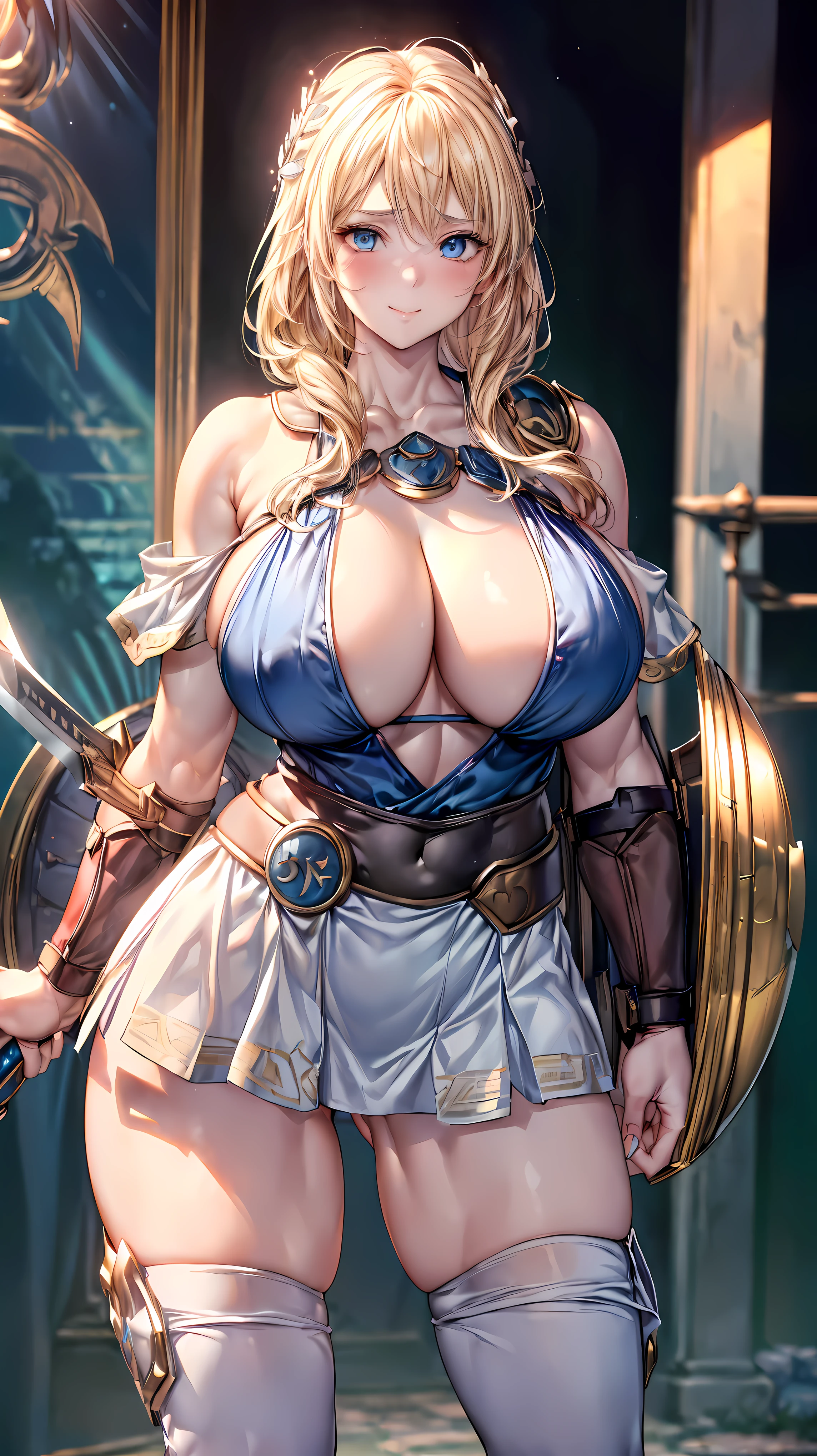 sensual, long blonde hair, thick thighs, 8K, 4k, highest quality, (High resolution:1.6), cute anime face, noise reduction, (shining blue eyes, gentle smile:1.3, kind eyes:1.3、Red in the face and embarrassed:1.5)、toned abdominal muscles, muscular arms, muscular legs, young face, anime eyes, Sophitia Alexandra、(holding a sword in the right hand:1.5)、(Equipped with a shield on the left arm:1.5)、(SFW huge body:1.9)、(beautiful nose:1.5)、long tights、knee high boots、garter belt、beautiful hands、beautiful fingers、High leg cut thong
