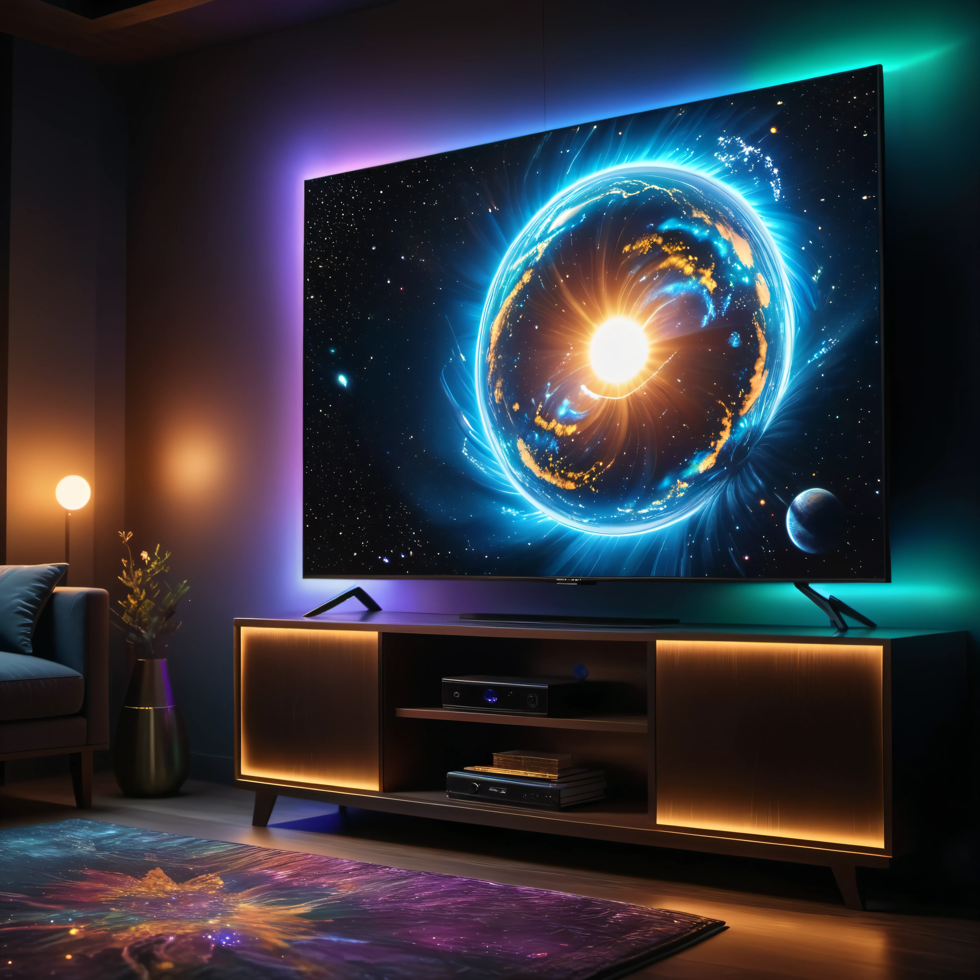((Masterpiece in maximum 16K resolution):1.6),((soft_color_photograpy:)1.5), ((Ultra-Detailed):1.4),((Movie-like still images and dynamic angles):1.3). | (cinematic photo of a Giant micro-LED TV at a living room displaying the Sun in space), (Giant micro-Led TV), (The Sun in space at TV display), (cinematic lens), (dark room illuminated by micro-LED TV), (luminous object), (shimmer), (visual experience),(Realism), (Realistic),award-winning graphics, dark shot, film grain, extremely detailed, Digital Art, rtx, Unreal Engine, scene concept anti glare effect, All captured with sharp focus. | Rendered in ultra-high definition with UHD and retina quality, this masterpiece ensures anatomical correctness and textured skin with super detail. With a focus on high quality and accuracy, this award-winning portrayal captures every nuance in stunning 16k resolution, immersing viewers in its lifelike depiction. | ((perfect_composition, perfect_design, perfect_layout, perfect_detail, ultra_detailed)), ((enhance_all, fix_everything)), More Detail, Enhance.