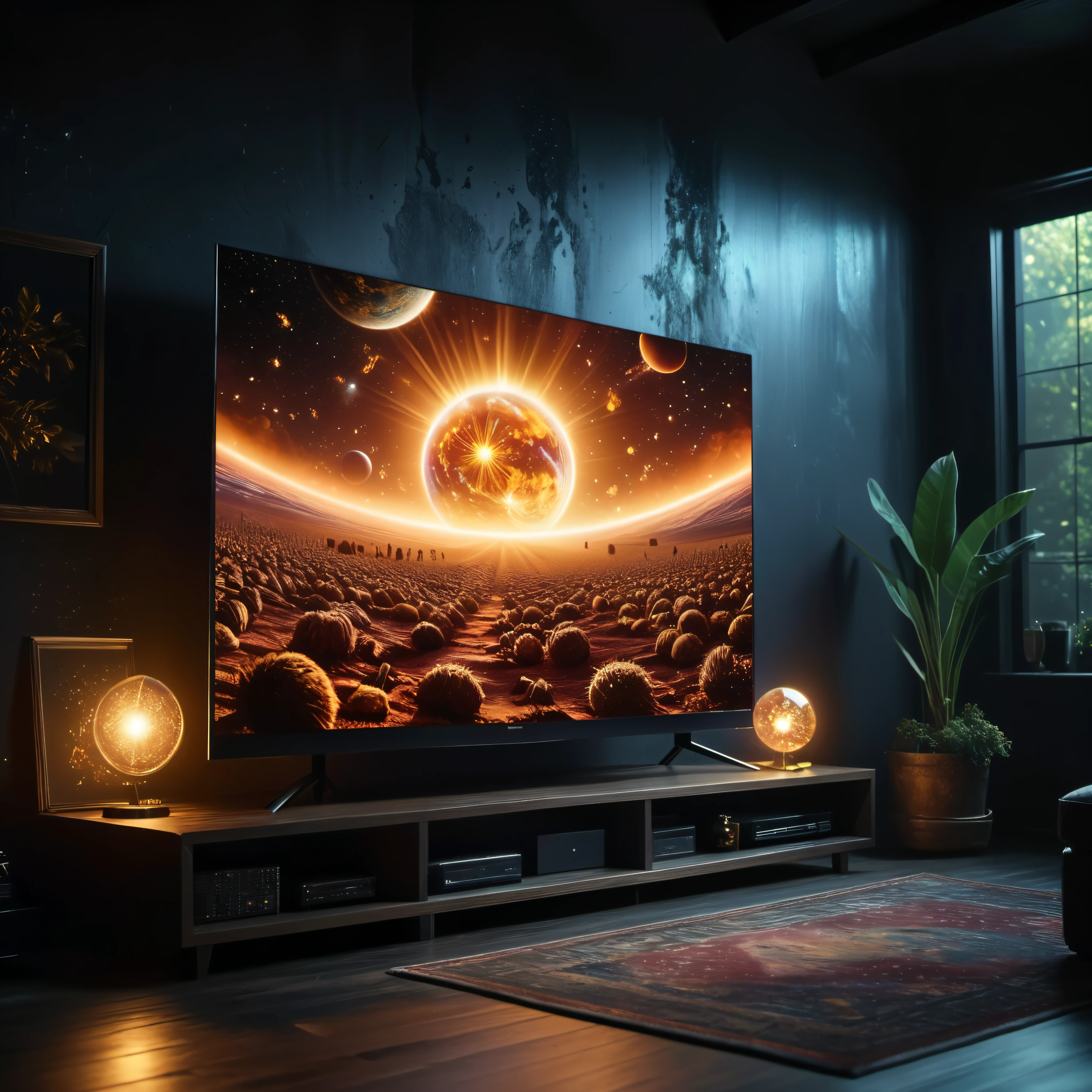 ((Masterpiece in maximum 16K resolution):1.6),((soft_color_photograpy:)1.5), ((Ultra-Detailed):1.4),((Movie-like still images and dynamic angles):1.3). ((Tyndall effect):1.2) | (cinematic photo of a Giant micro-LED TV at a very dark living room displaying the Sun in space), (Giant micro-Led TV), (The Sun in space at TV display), (cinematic lens), (very dark room illuminated by micro-LED TV), (luminous object), (shimmer), (very dark room), (visual experience),(Realism), (Realistic), award-winning graphics, dark shot, film grain, extremely detailed, Digital Art, rtx, Unreal Engine, scene concept anti glare effect, All captured with sharp focus. | Rendered in ultra-high definition with UHD and retina quality, this masterpiece ensures anatomical correctness and textured skin with super detail. With a focus on high quality and accuracy, this award-winning portrayal captures every nuance in stunning 16k resolution, immersing viewers in its lifelike depiction. | ((perfect_composition, perfect_design, perfect_layout, perfect_detail, ultra_detailed)), ((enhance_all, fix_everything)), More Detail, Enhance.