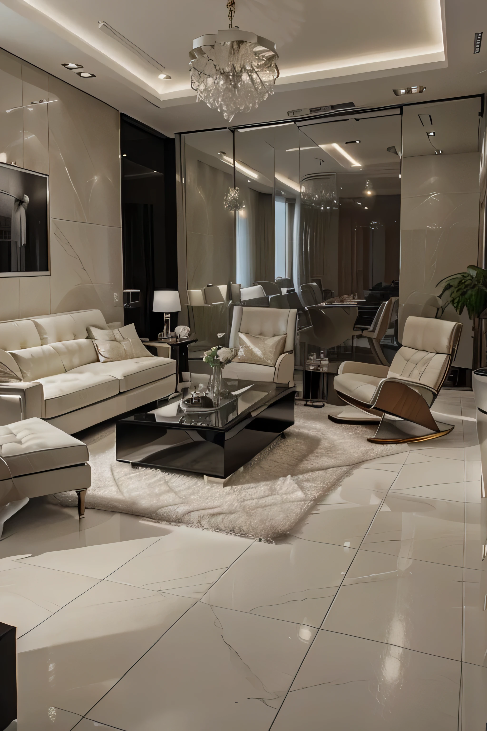 Create a modern and luxurious living room image, Utilisez du carrelage blanc, Le bureau n&#39;utilise pas de tapis, La couleur principale est le blanc