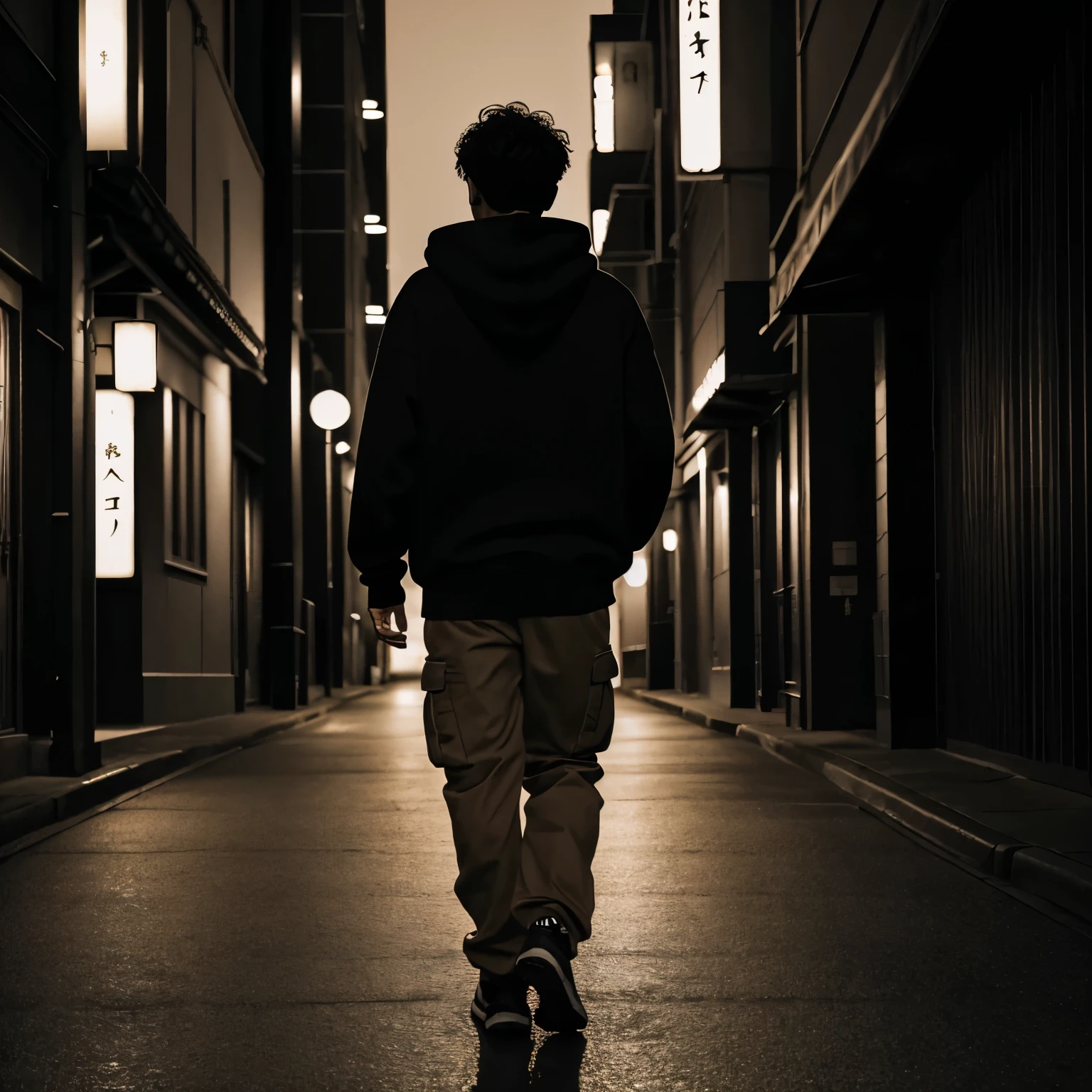 black hoodie, short hair, back view, man, black and white, baggy beige cargo pant, night atmosphere, walking, full body, sculpture, looking far away, realistic, photo shot in japan, high quality, lots of details