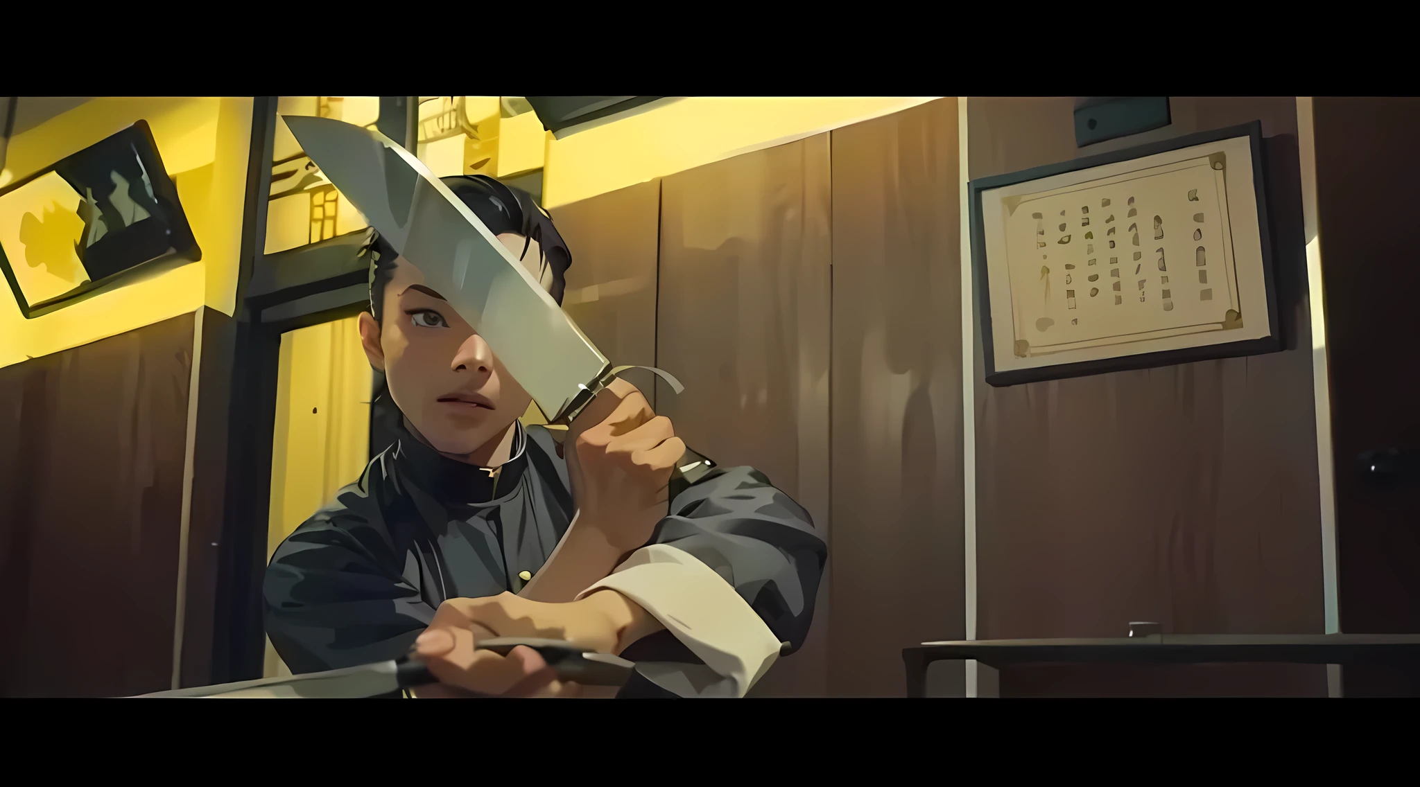 Best quality, very detailed, background matches the picture, anime boy, holding a knife, anime face, handsome