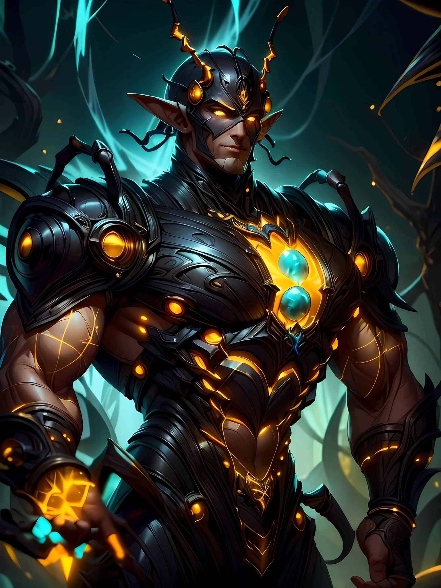 ((absurdres)) perfect whole body, ultra photorealistic, top quality, Photorealistic, ((16k UHD)), High Definition, high-res, ultra sharp, masterpiece, the best quality, intricate details, detailed eyes, perfect face detailed face, cyberpunk, futuristic, masterpiece, highly detailed exquisite character art, perfectly detailed anatomy, detailed body, detailed pecs, pecs, thick thighs, (((cinematic light))), ultra-realistic, (((1male))) ((tall muscular man male humanoid)), bald, humanoid yellow skin, big eggs, bee anatomy, deity, god of honey bees, humanoid black & yellow skin tone, yellow hue, powerful humanoid appearance, compound eyes, metallic scales, scales. Metallic armour, smiling face, strong jaw, high cheekbones, pecs, sexy pose, elf ears, touching his pecs, flying in the sky, mandibles, Antenna, honey, ((male muscular stripe black & yellow humanoid insect honey bee)) yellow skin, black skin, dark, mushroom, forest, DruidMagicAI