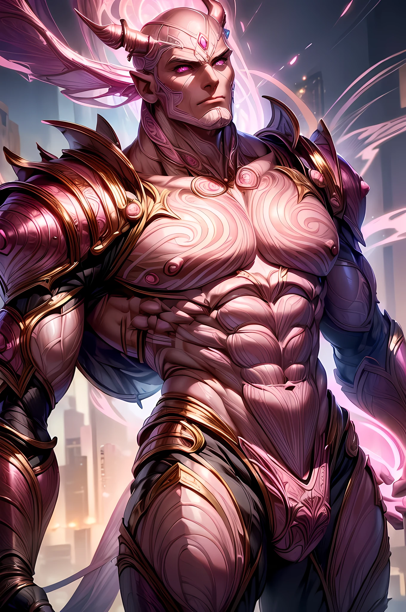 ((absurdres)) perfect whole body, ultra photorealistic, Top quality, Photorealistic, ((16k UHD)), High Definition, high res, ultra sharp, masterpiece, best quality, intricate details, detailed eyes, perfect face detailed face, masterpiece, highly detailed exquisite character art, perfectly detailed anatomy, detailed body, detailed pecs, (((natural light))), ultra-realistic, (((1male))) ((tall muscular man male humanoid)), powerful, bald, humanoid (((pink skin))), deity, god of insects, shiny skin, (((humanoid pink skin tone))), pink hue, powerful humanoid appearance, pure white eyes, shiny metallic scales, scales, (((bulge))) (((thighs))) (((big pecs))) ((glossy metallic Armour)), intimidating face, strong jaw, high cheekbones, antenna, jojo pose, in a large city, petal pink humanoid insect