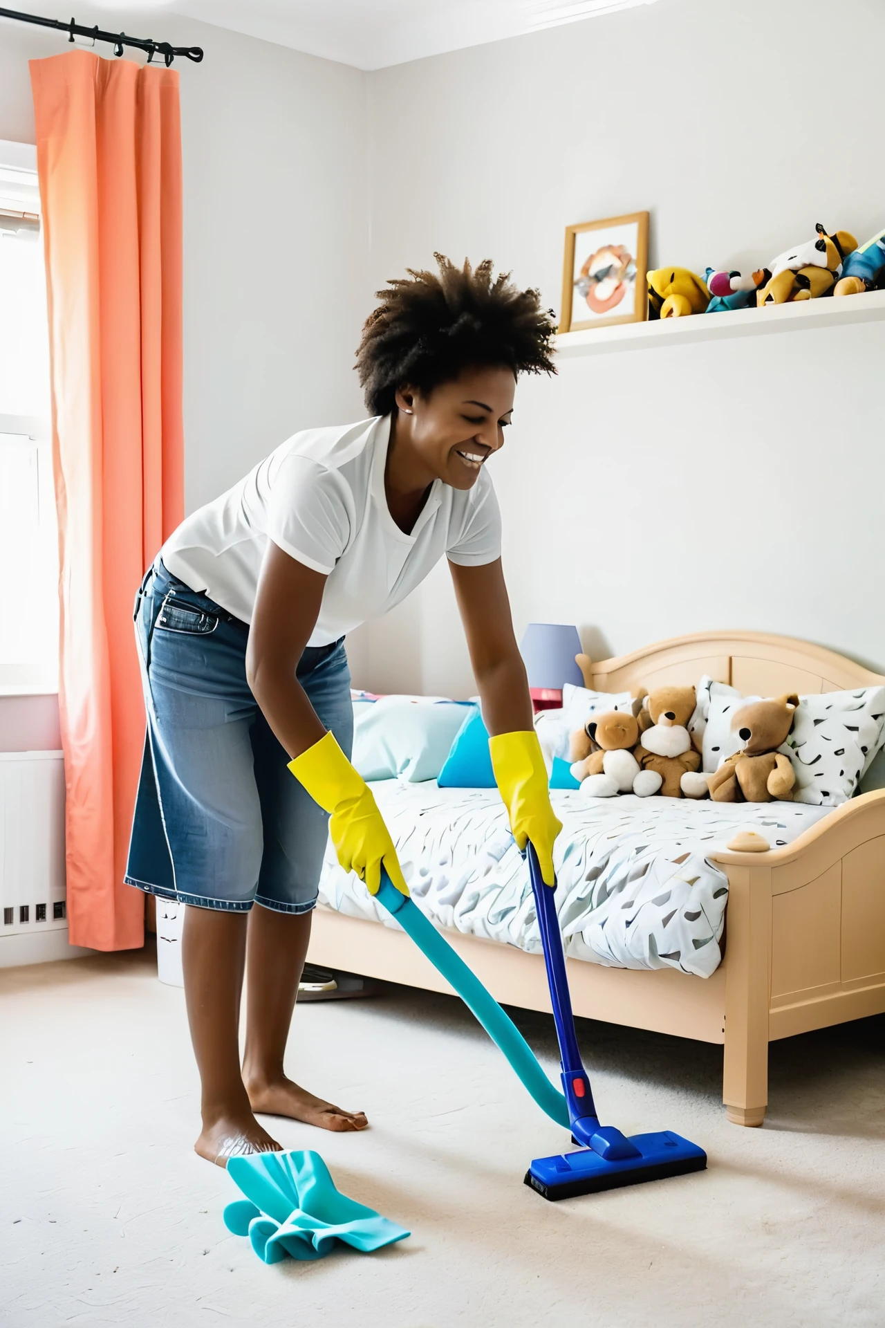 Woman cleaning kids bedroom