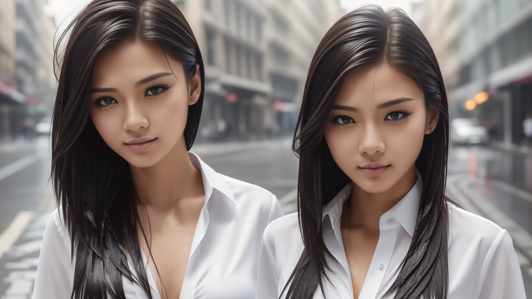 ((best qualtiy, 8k, tmasterpiece:1.3)), sharp:1.2, (full body1.2)perfect figure beautiful woman:1.4, Slim abs:1.2, ((Layered Hair Style, huge tit:1.3)), (Long shirt with wet white buttons:1.1),(Sateen,the street:1.2),Get wet:1.5,Highly detailed facial and skin texture,detailed eyes,double eyelid,Look sideways at the camera