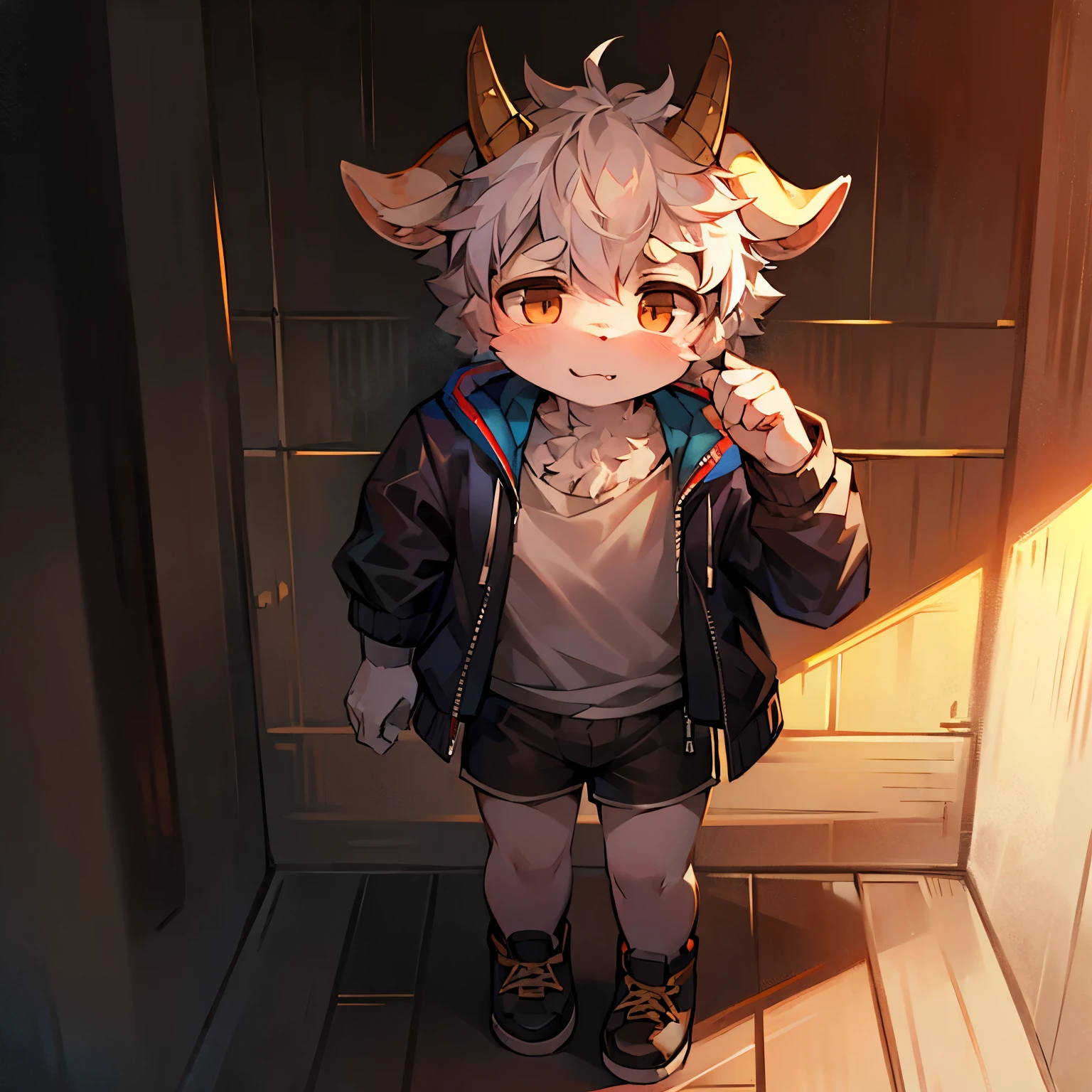 Goat Boy,goat horns,male focus,furry men,Cute appearance,short stature,Characteristics of a three-year-old boy,Short sleeves with jacket,shorts,prison background