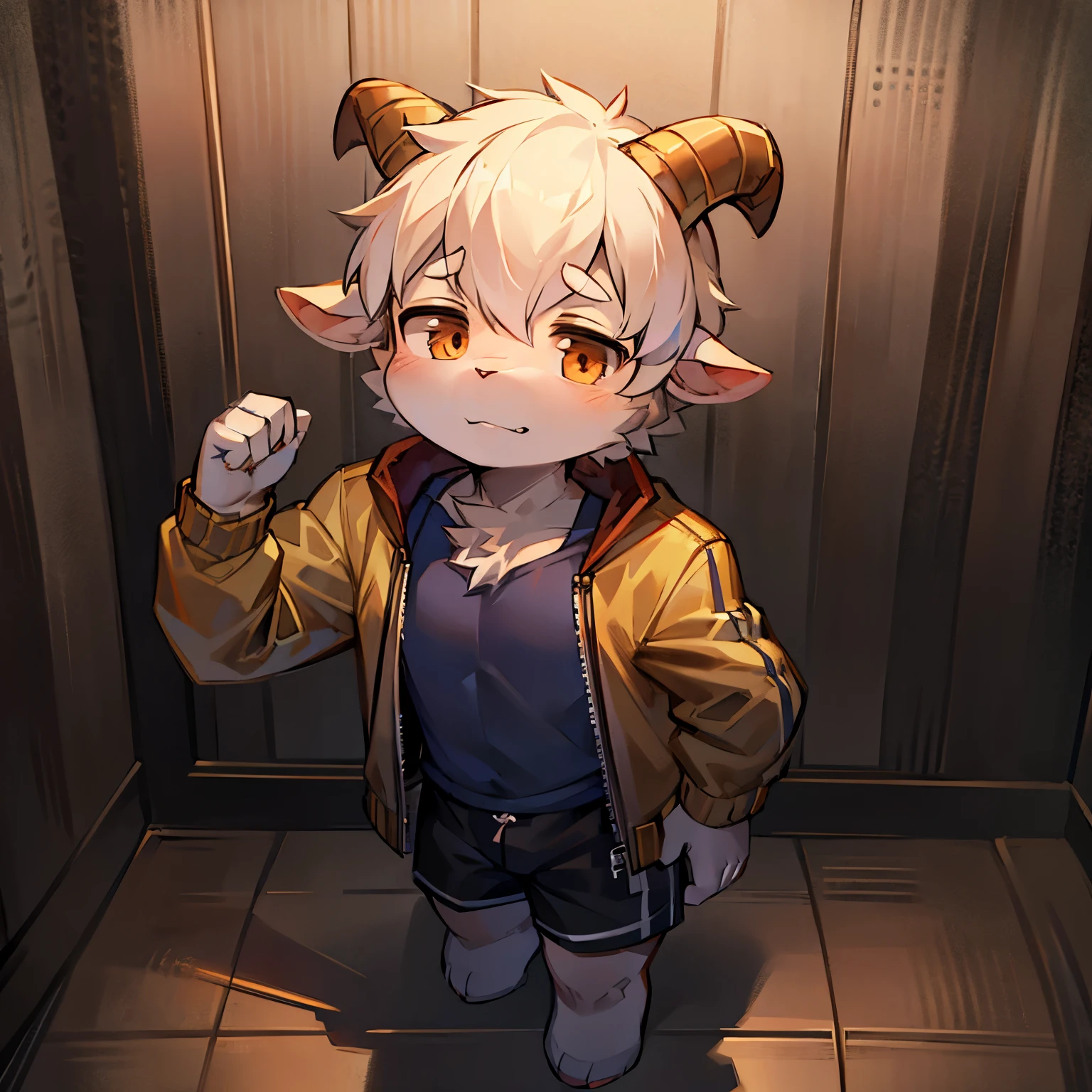 Goat Boy，goat horns，male focus，furry men，Cute appearance，short stature，Characteristics of a -year-boy，St sleeves with jacket，shorts，prison background