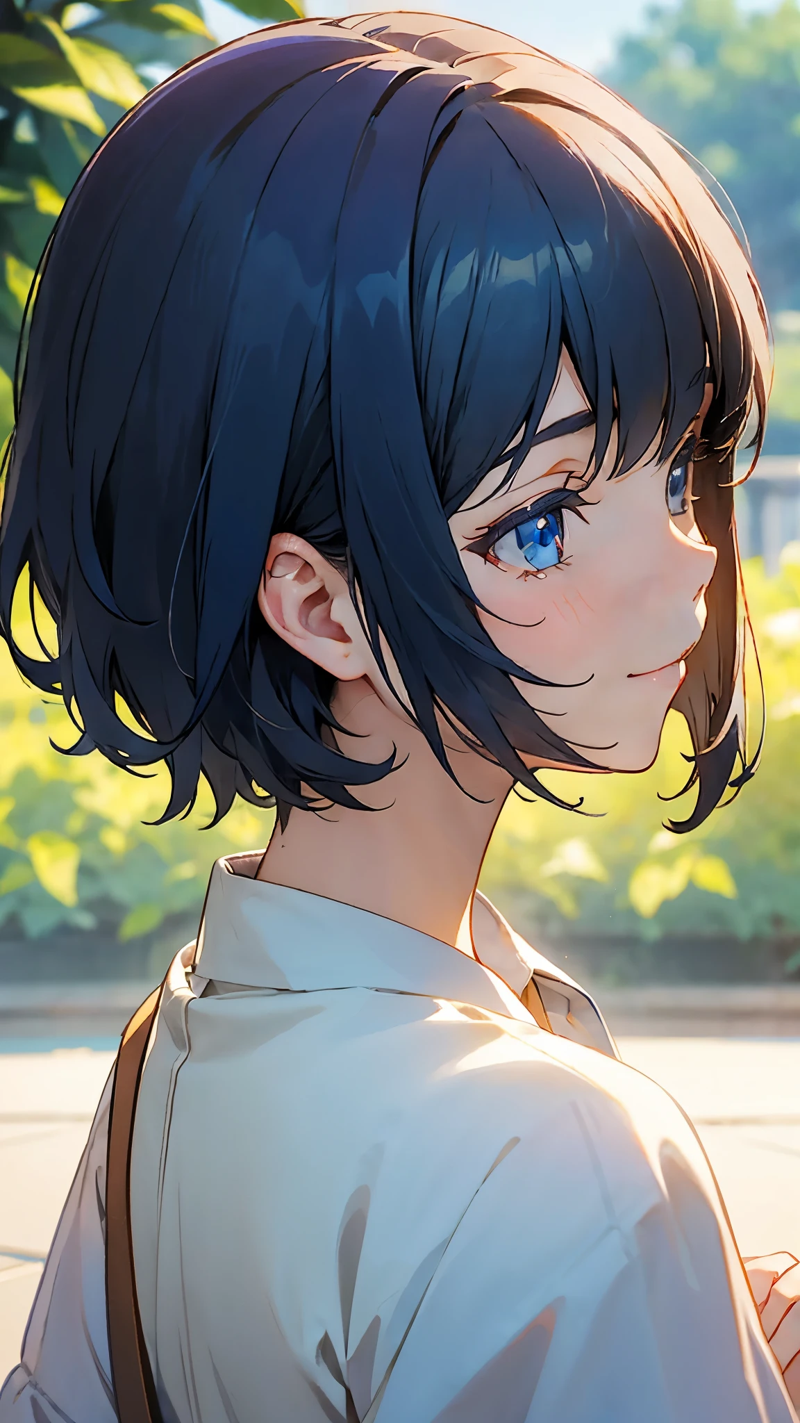 １girl、dark blue hair、short bob cut、straight hair、blue eyes、smile、profile、upper body close-up、Morning café terrace、background bokeh, Depth of the bounds written