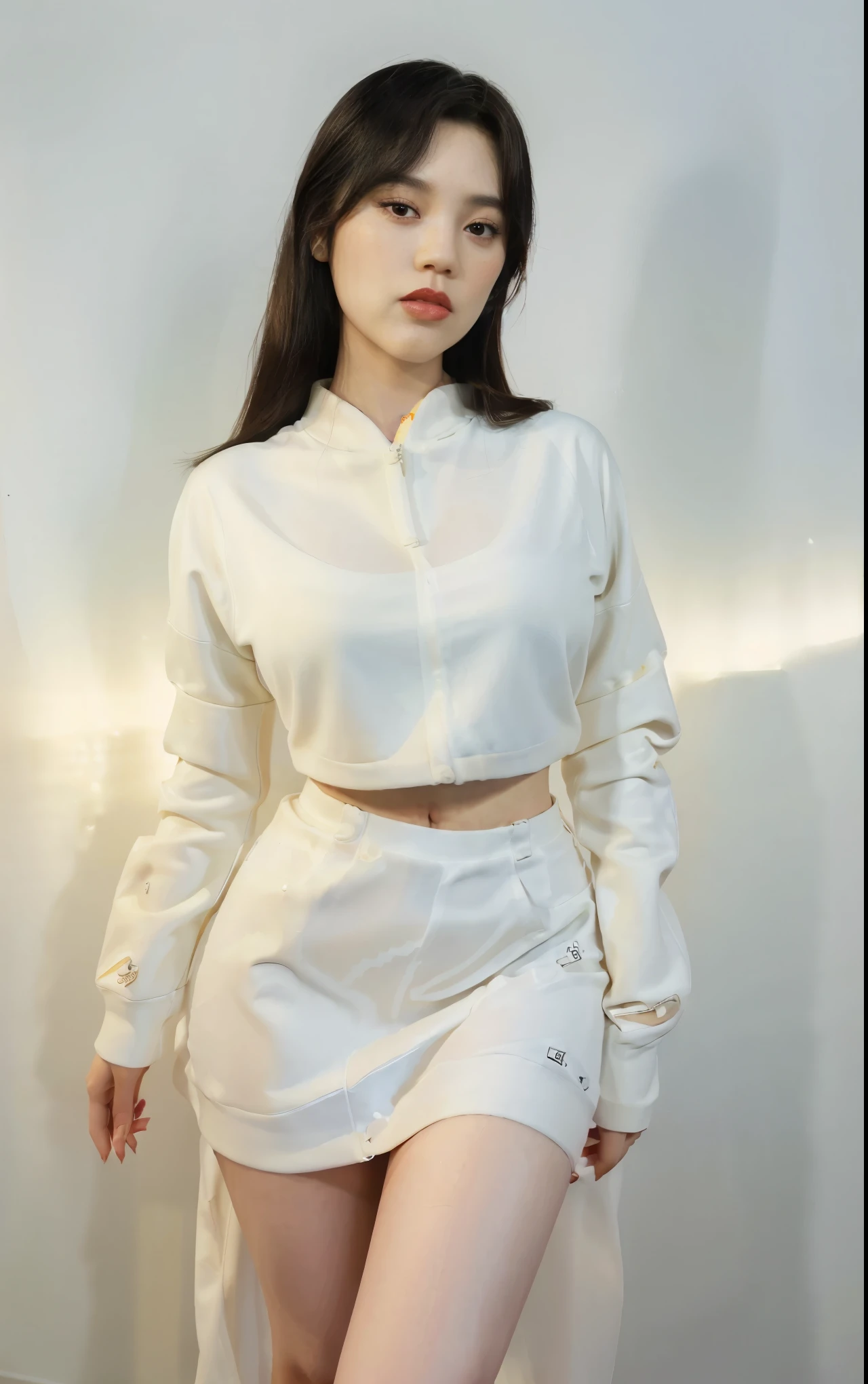 RAW photo:1.2), 1girl, (masterpiece), (highest quality:1.3), high resolution, (realistic, photorealistic:1.4), mixed American Korean actress, sexy Korean female idol-type face, natural and detailed Handsome beauty doll face, ((Peaceless beauty face: 1.2)), (black: medium straight hair: 1.3), (large: almond-shaped eyes), sharp nose, ((red lips: 1,4)), Big breasts, voluptuous sexy body, (Supermodel Body :1.2), ((Korean -faceress style: 1.2)). (White skin:1.3), Ulzzang style, big breasts, (fitting model body:1.3), 168cm tall, (Realistic contrast: 1.5), (Ultra clear picture quality: 1.4), (Tall), (Long legs: 1.3), (Thin sexy legs), Trendy hoodie, Swirling windbreaker, Graphic tee, Precision lighting, Atmospheric mood, Vibrant texture, Flawless skin, Soft shadows, Dynamic contrast, mustard mini skirt, .