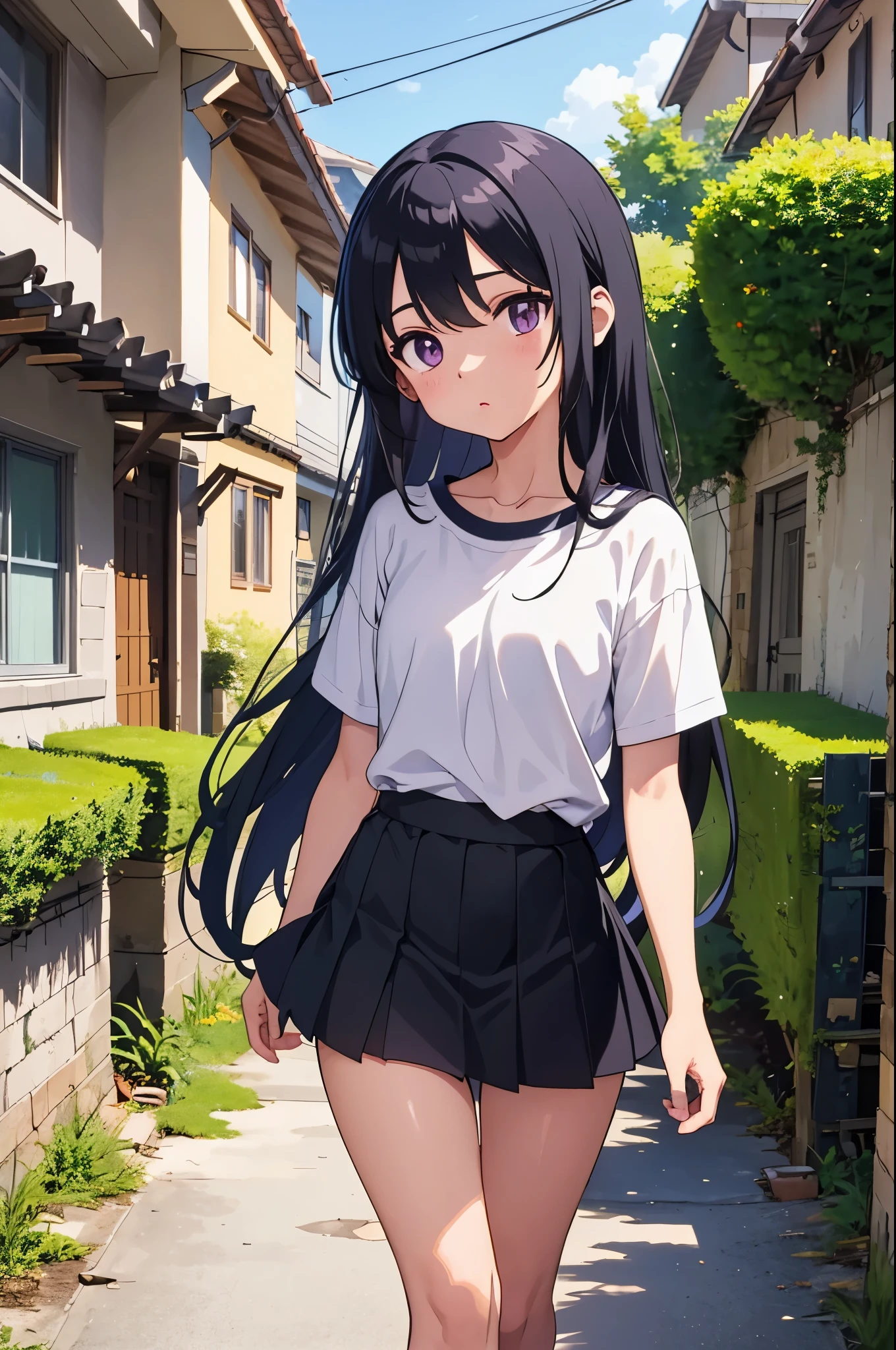 Back alley of a private house in the countryside narrow road elementary school girl 8-year-old flat chest black hair long hair eyes are purple ((1 person)) Upper body black T-shirt Lower body white miniskirt((white panties)) black socks sneakers walking fluttering hair dynamic angle Low angle from the front