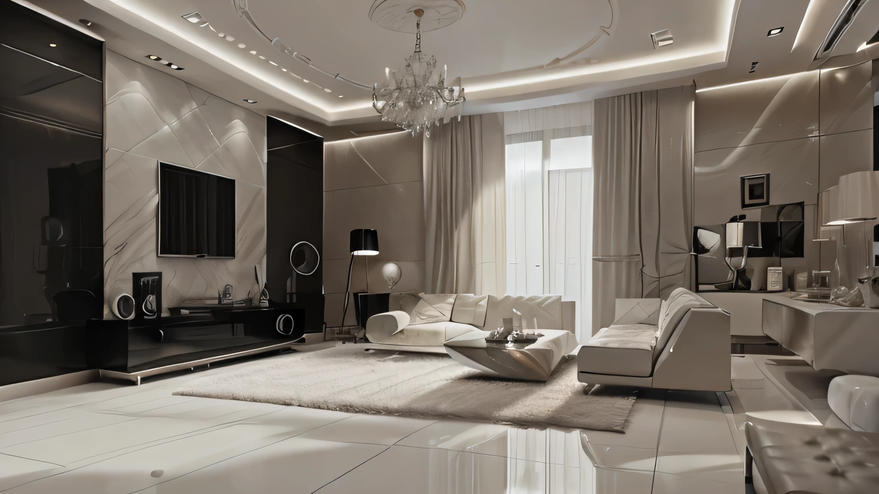 Create a modern and luxurious living room image, Utilisez du carrelage blanc, La chambre n'utilise pas de tapis, La couleur principale est le blanc