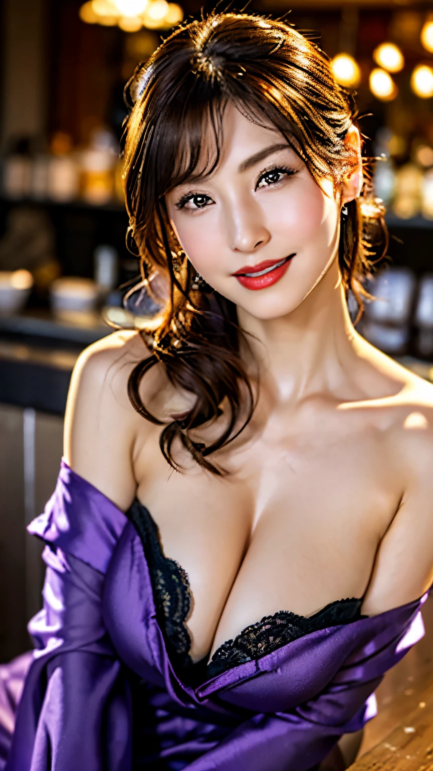 (run a high class brothel、A devilishly beautiful madam who sells useless prostitutes to organ brokers..),NSFW, masterpiece, highest quality, Accurate, UHD, retina, Super detailed, Award history, High resolution, anatomically correct, (realistic:1.4),Raw photo,(Soft saturation:1.3),(Fair skin:1.2),rough skin, 8K,1 girl, alone, mature adult woman, Beautiful Evil, evil and sneaky sexy woman, (perfectly beautiful woman, perfectly beautiful face, Perfectly beautiful eyes, perfectly beautiful nose, perfectly beautiful nose孔, perfectly beautiful lips),(Chestnut hair tied on top of head),(compensate:1.3),(eye reflection:1.3, solid circle eye, ring-shaped eyes, Sparkling pupils:1.2, long eyelashes:0.7, amber eyes),(crystal earrings, sparkling gold necklace), sleepy, parted lips, boredom, (enchanting smile:1.4, cruel smile:1.4), (dark red lips:1.3,glossy lips:1.5,lip reflection:1.5), break, (clavicle, cleavage, huge saggy breasts, Off-the-shoulder silk purple dress:1.5),(indoors, at the bar, she is sitting at the counter:1.5),(Detailed texture of wrinkles in clothing:1.3), looking at the viewer