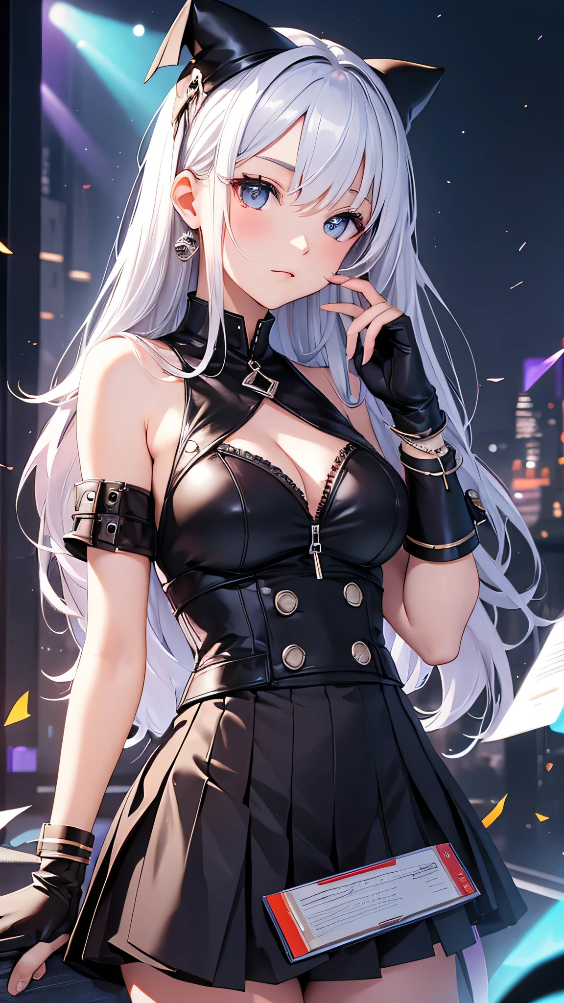 最high quality、best image quality、masterpiece、girl((20-year-old、 By becoming、vest bust、medium bust,wide open breast tea、shining eyes, silver hair、long hair、thin,highest valley、black 、black short skirt、shoulder tattoo,diamond earrings、Wristband、black gloves)),high quality、beautiful art、background((school zone))、Flight、debris flies、Depth of written boundary、movie、visual art、perfect art、8K,genuine、Dynamic Performance