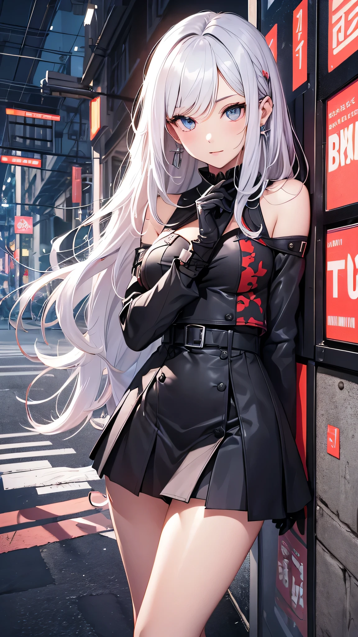 最high quality、best image quality、masterpiece、girl((20-year-old、 By becoming、vest bust、medium bust,wide open breast tea、shining eyes, silver hair、long hair、thin,highest valley、black 、black short skirt、shoulder tattoo,diamond earrings、Wristband、black gloves)),high quality、beautiful art、background((school zone))、Flight、debris flies、Depth of written boundary、movie、visual art、perfect art、8K,genuine、Dynamic Performance