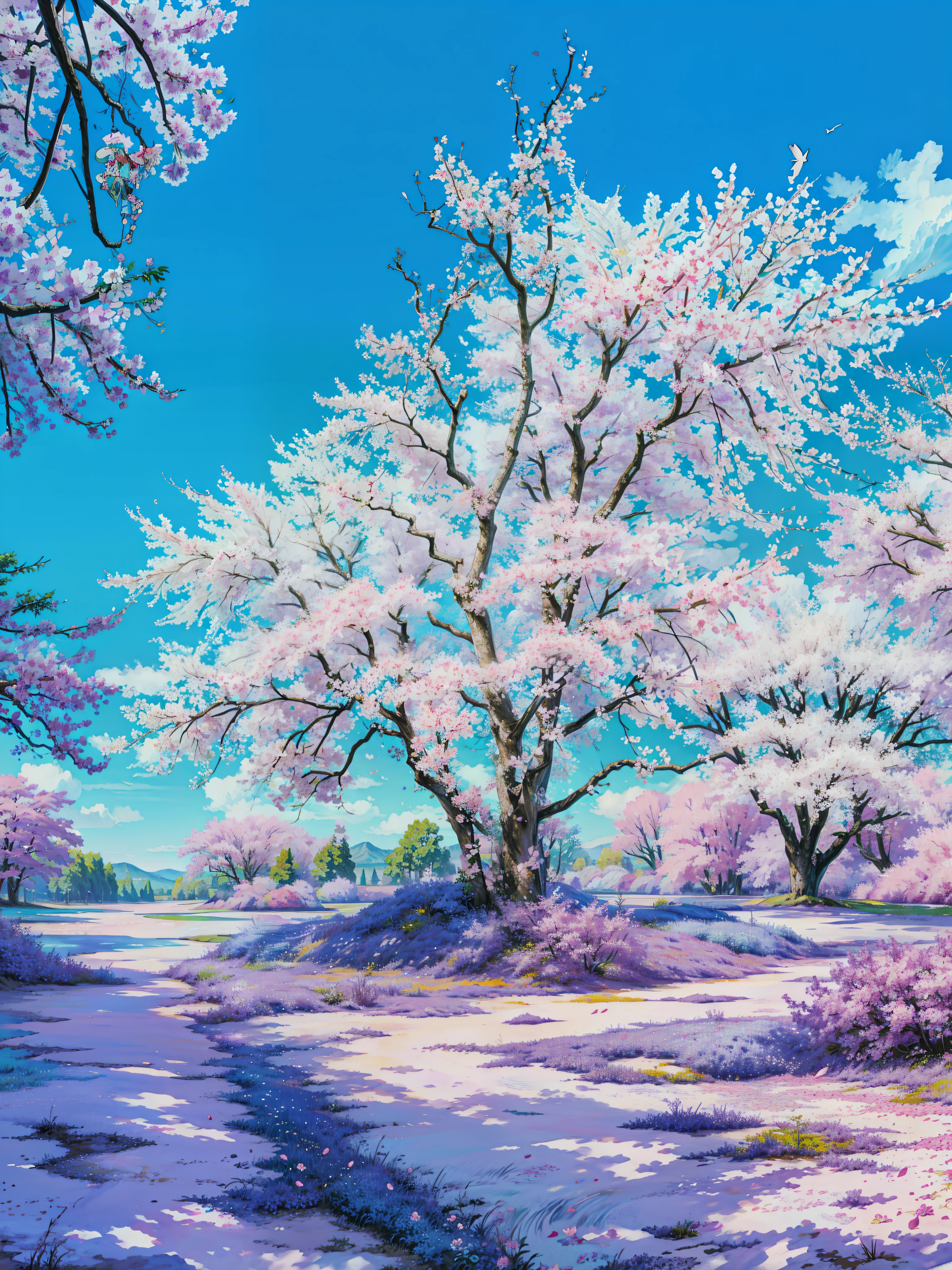 a field of purple flowers under a blue sky, ( colorful ), cherry-blossom-tree, cherry blossom tree, cherry blosom trees, japan nature, cherry blossom trees, colorful otherworldly trees, cherry blossom background, purple flower trees, forest with flowers blue, explosion of colorful flowers, cherry blossom forest, breath - taking beautiful trees, breath-taking beautiful trees, 4k hd,, beautiful art uhd 4 k, a beautiful artwork illustration, beautiful digital painting, highly detailed digital painting, beautiful digital artwork, detailed painting 4 k, very detailed digital painting, rich picturesque colors, gorgeous digital painting
