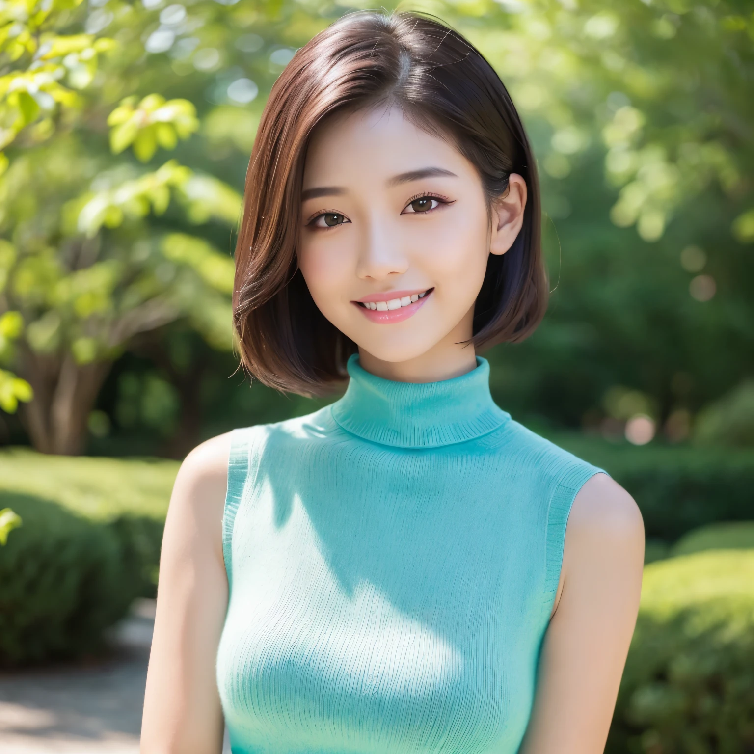 (highest quality、table top、8K、best image quality、Award-winning work)、(one young 10 year old girl:1.1)、(Sleeveless turtleneck sweater that greatly exposes the sides and side breasts:1.5)、angle from the side、(short hair:1.1)、(very young girl's face:1.1)、(angle from the side:1.1)、the biggest smile looking at me、(huge breasts:1.1)、perfect fit、(emphasize body line:1.1)、low length、(glamorous body:1.1)、(Beautiful park background with strong blur:1.1)、The most natural and perfect beauty park、A perfectly maintained normal park、stand gracefully、refreshing scenery、natural makeup、Ultra high definition beauty face、(Ultra high definition perfect teeth:1.1)、ultra high definition hair、Super high-definition sparkling eyes、(Super high resolution glossy skin:1.1)、Super high resolution glossy lips、(accurate anatomy:1.1)、(very bright and vivid:1.3)、(Beautiful skin that shines brightly:1.3)