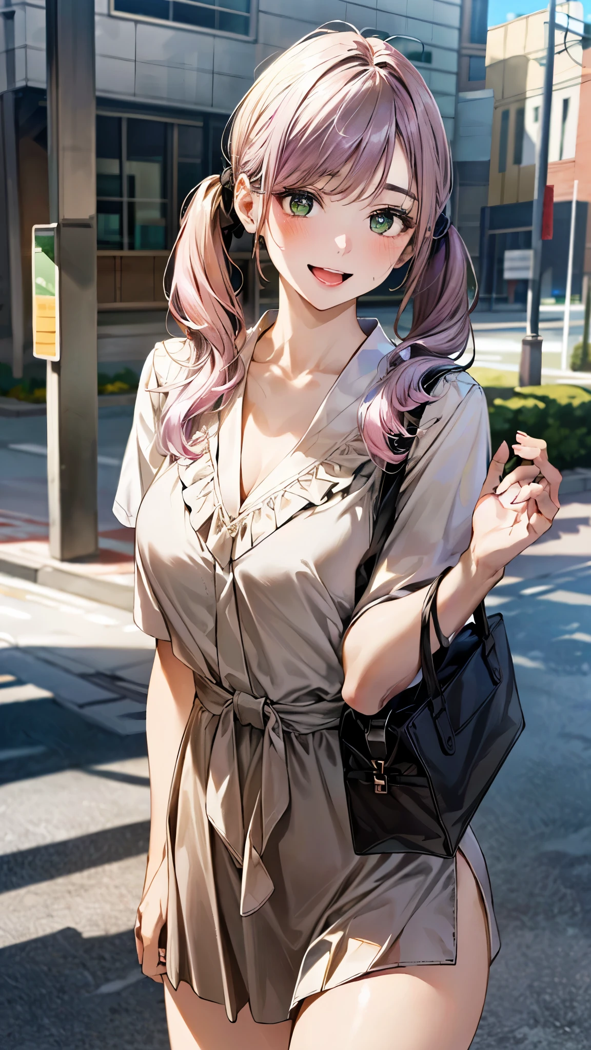 (masterpiece:1.3, top-quality, ultra high res, ultra detailed), (realistic, photorealistic:1.4), beautiful illustration, perfect lighting, natural lighting, colorful, depth of fields, 
looking at viewer, full body, 1 girl, japanese, high school girl, perfect face, (perfect anatomy), cute and symmetrical face, baby face, shiny skin, , 
(long hair:1.5, low twintails:1.5, light purple hair), swept bangs, emerald green eyes, drooping eyes, big eyes, long eye lasher, (large breasts, tight butt, seductive thighs), , 
beautiful hair, beautiful face, beautiful detailed eyes, beautiful clavicle, beautiful body, beautiful chest, beautiful thigh, beautiful legs, beautiful fingers, 
((detailed cloth texture, v-neck brown dress, white ruffle stand collared candy sleeve blouse), pink hair chouchou, ), beige tote bag,
(beautiful scenery), day time, (downtown) walking,  (happy smile, open mouth), 