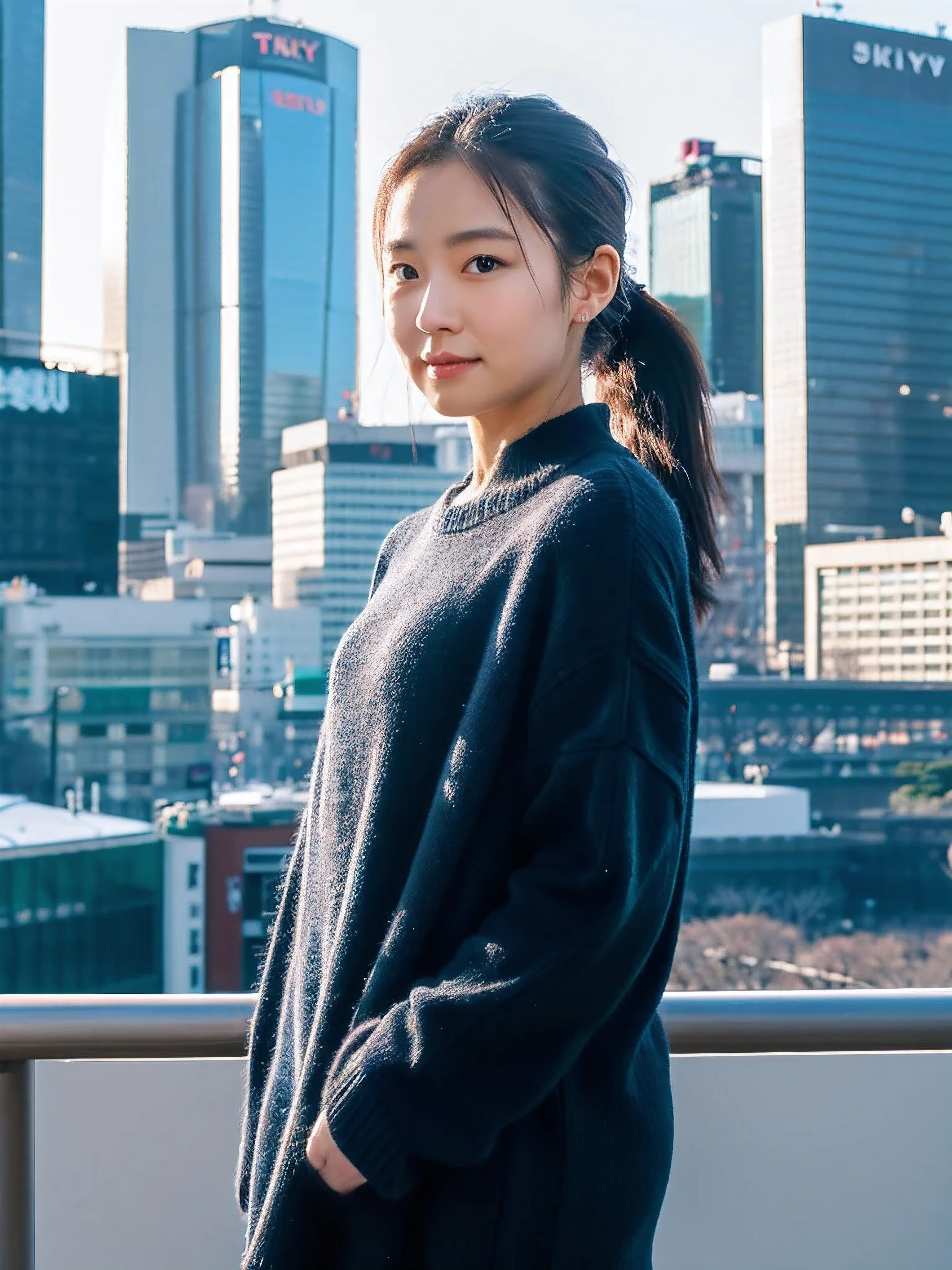 realistic, 8k Full Length Portrait, Beautiful woman, attractive appearance, clear type, ponytail, 20-year-old, Tokyo, winter, With Shibuya in the background