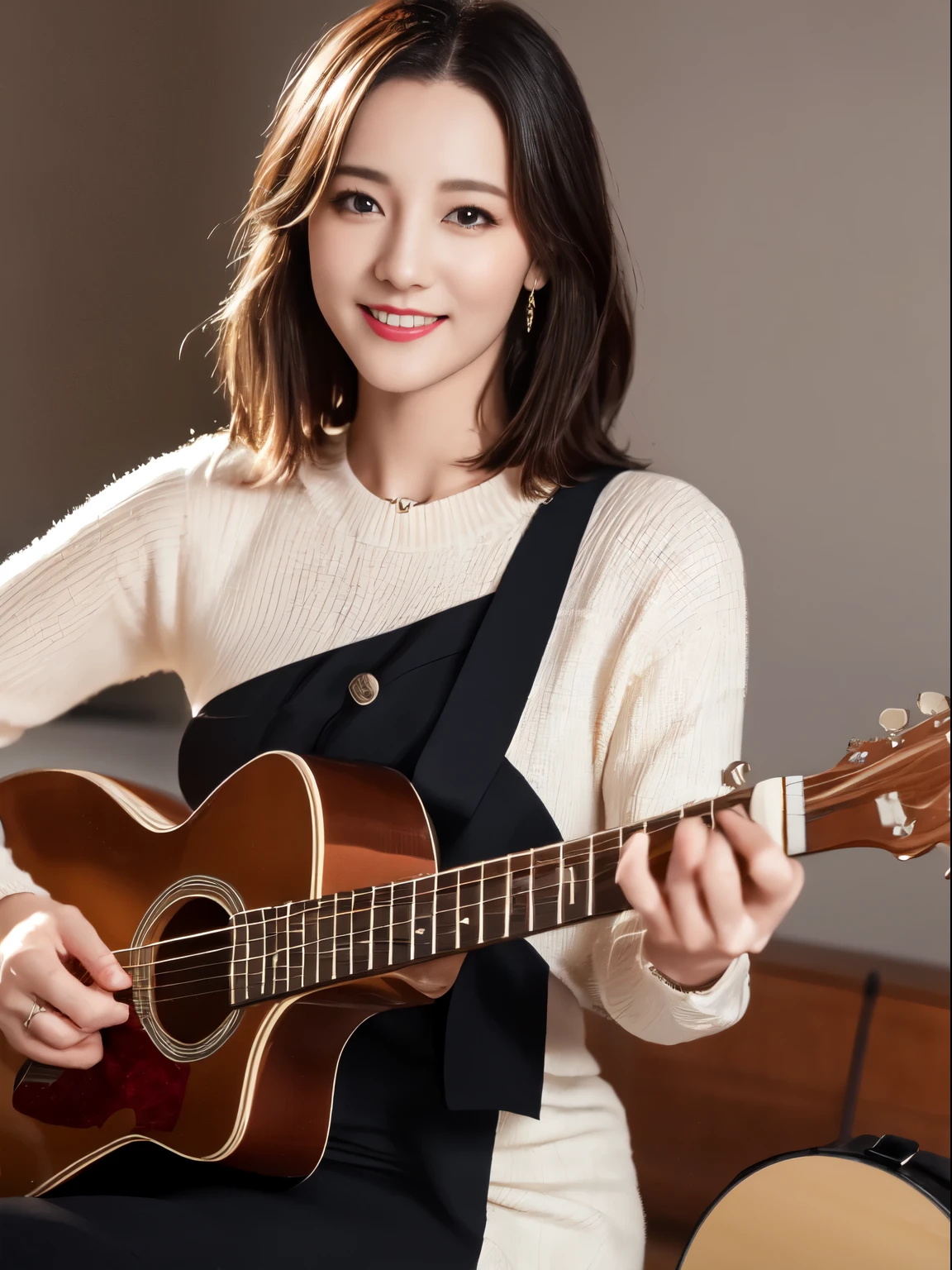 ((highest quality、8k、masterpiece:1.3))、very delicate and beautiful girl,Realistic,incredibly absurd,abstract art,from waist to shoulders,catch,extra detailed body,Hong Kong style black short hair,,floating hair,light brown hair,between hair,beautiful thin hair,exquisite and beautiful face,smile,clear eyes, black eyes,head_ribbon,frills_dress,beautiful and clear background,beautiful sky,full bloom,very accurate details,absurd,Extremely CG,((sexy mature girl:1.5))、thick lips、crimson lip gloss、eye make up、((40 years:1.5))、sweater、Paris cafe scene、sunset sky、((playing the guitar:1.5))