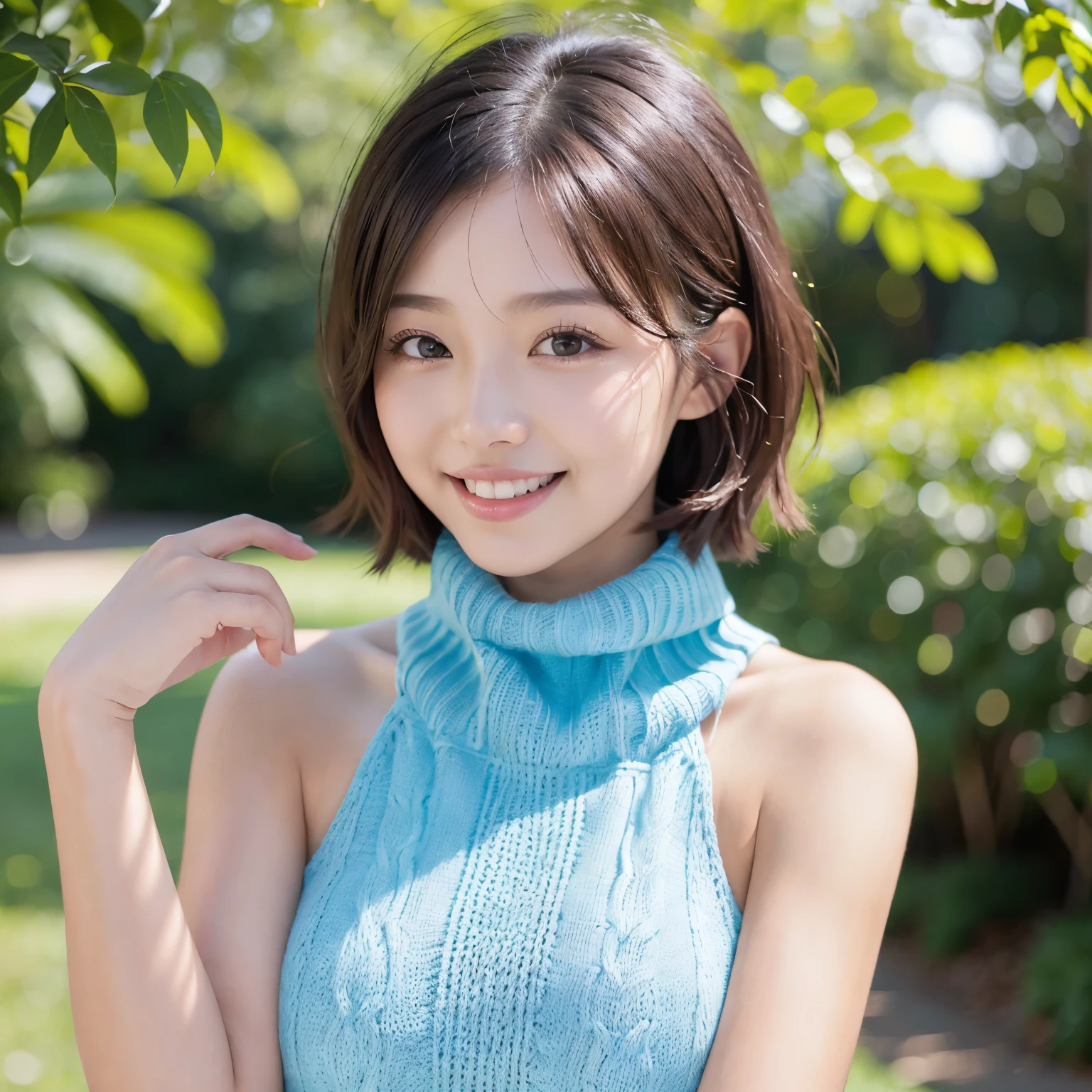 (highest quality、table top、8K、best image quality、Award-winning work)、(one young 10 year old girl:1.1)、(The turtleneck sweater that will kill your virginity:1.1)、(short hair:1.1)、(very young girl&#39;s face:1.1)、(angle from the side:1.1)、the biggest smile looking at me、(huge breasts:1.2)、perfect fit、(emphasize body line:1.2)、low length、(glamorous body:1.1)、(chubby body type:1.1)、(Beautiful park background with strong blur:1.1)、The most natural and perfect beauty park、A perfectly maintained normal park、stand gracefully、refreshing scenery、natural makeup、Ultra high definition beauty face、(Ultra high definition perfect teeth:1.1)、ultra high definition hair、Super high-definition sparkling eyes、(Super high resolution glossy skin:1.1)、Super high resolution glossy lips、(accurate anatomy:1.1)、(very bright and vivid:1.3)、(Beautiful skin that shines brightly:1.3)